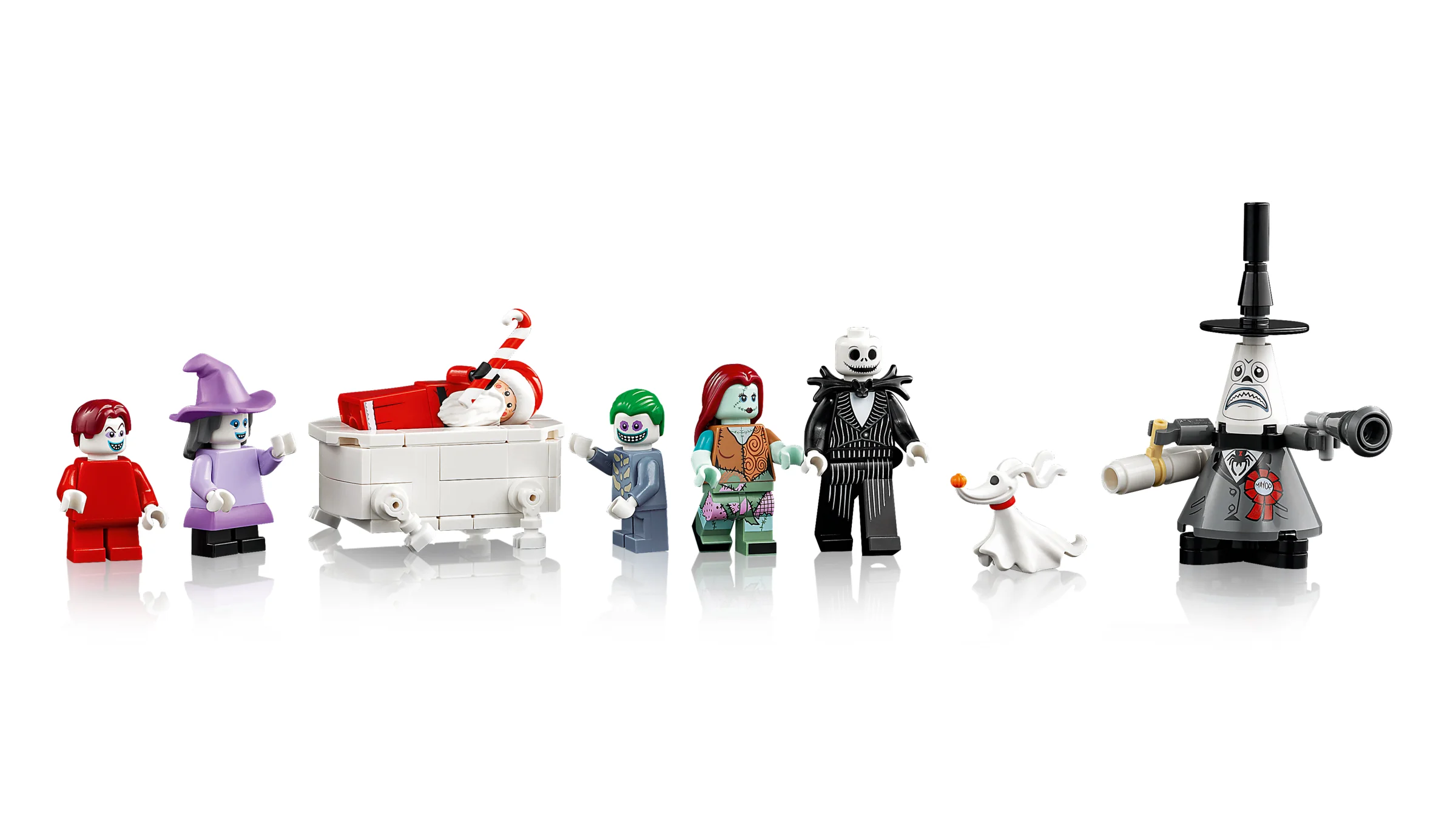 Imagine cu toate minifigurinele din setul LEGO 21351 The Nightmare Before Christmas.
