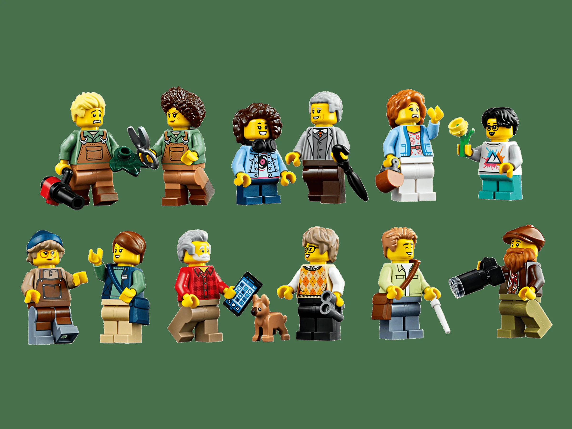 Prezentare detaliată a minifigurinelor incluse în setul Grădina Botanică LEGO.