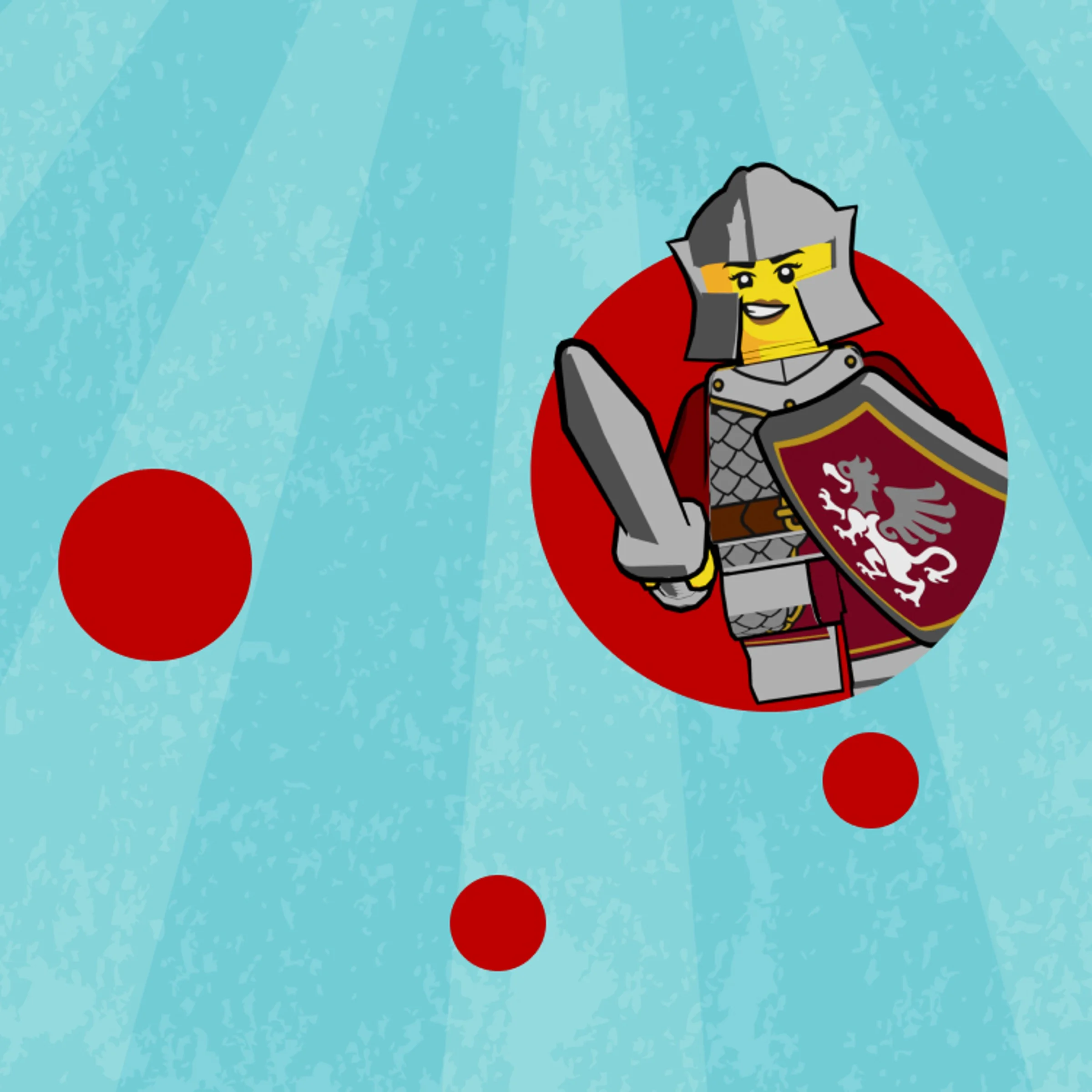 Ilustrație cu o minifigurină LEGO cavaler, cu sabie și scut cu dragon.
