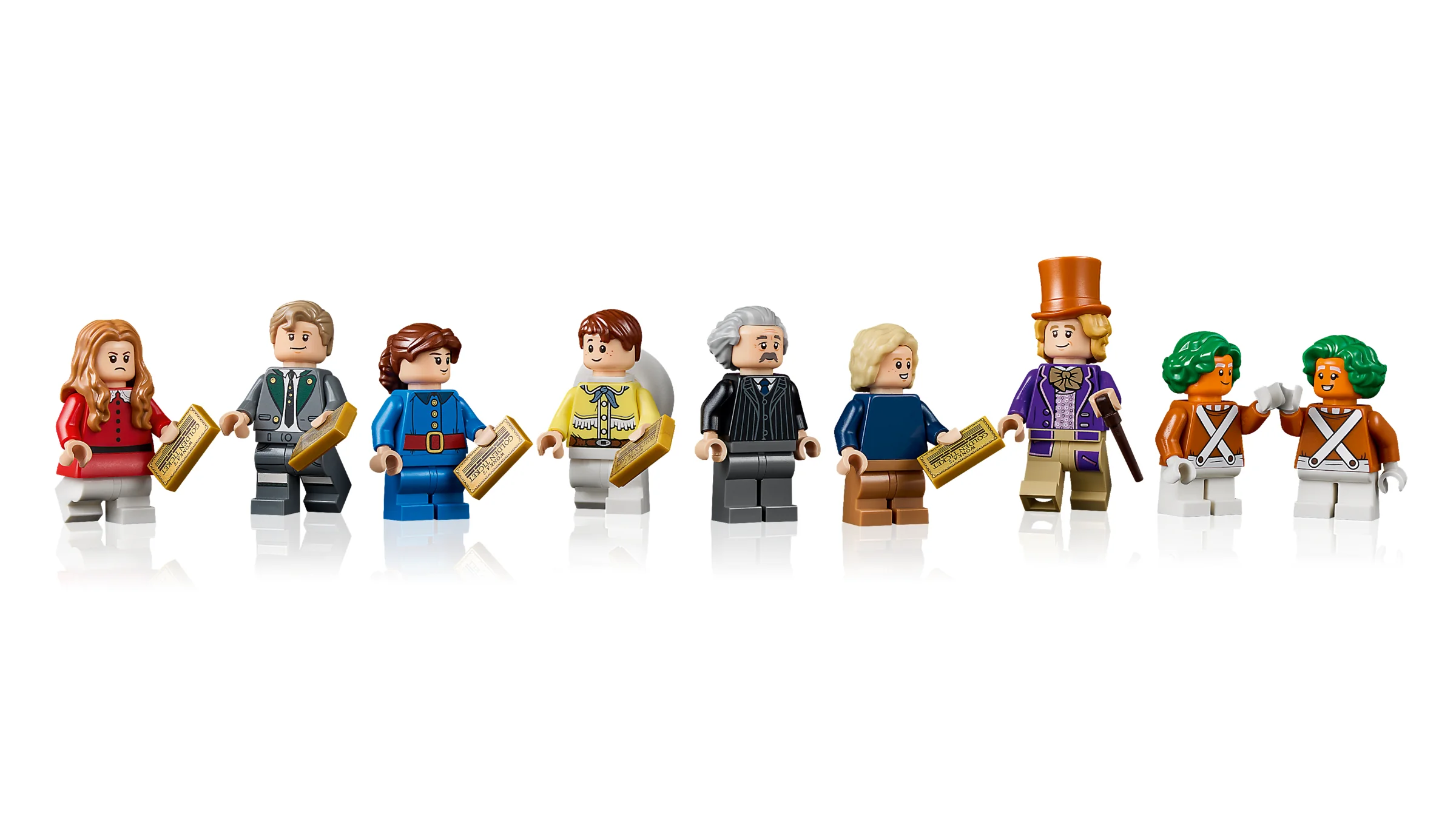 O prezentare a minifigurinelor LEGO din setul Willy Wonka, inclusiv copiii și Oompa Loompas.