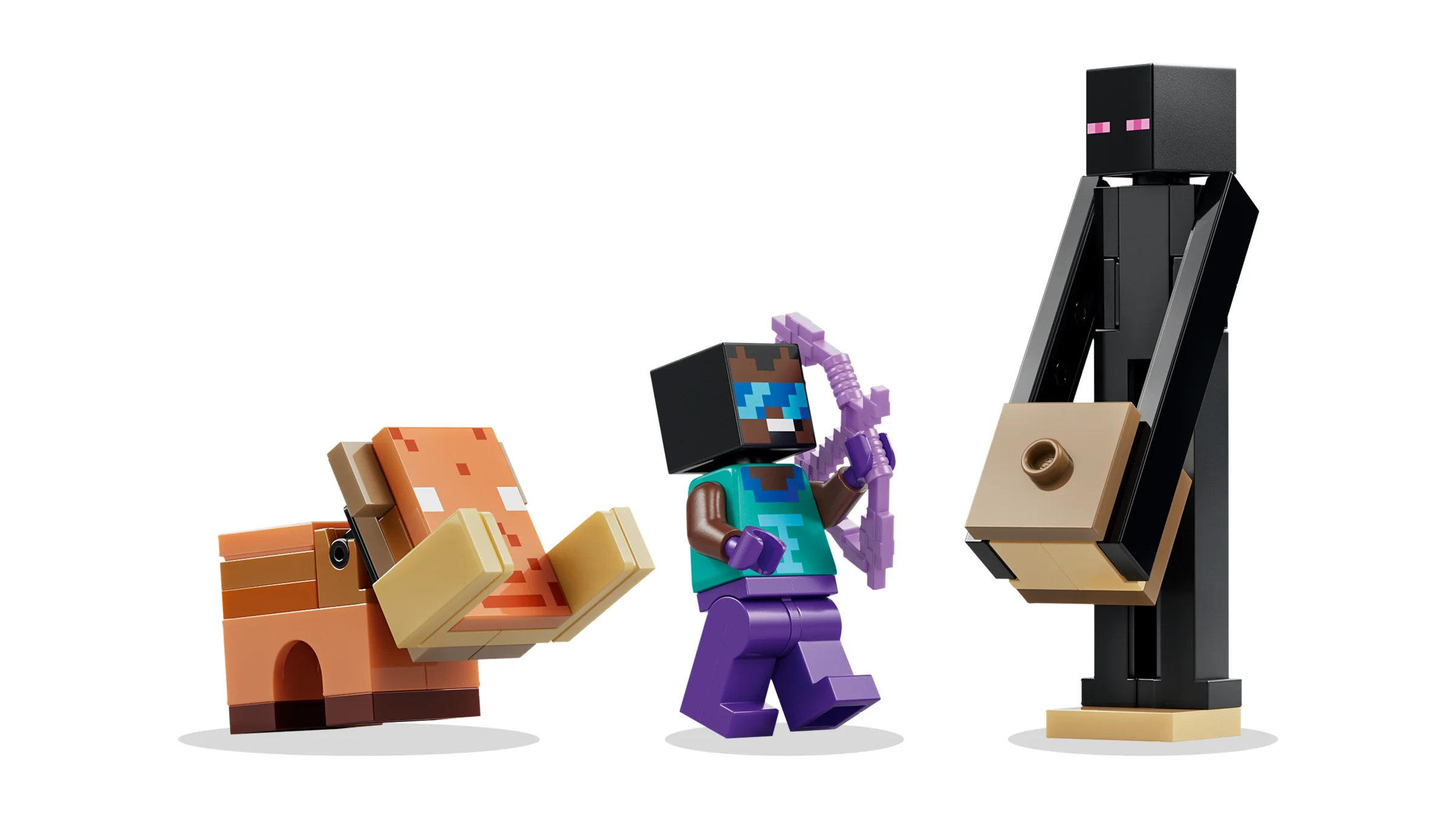 Imagine cu minifigurinele Minecraft: Hoglin, Arcașul și Enderman. Detalii de construcție.