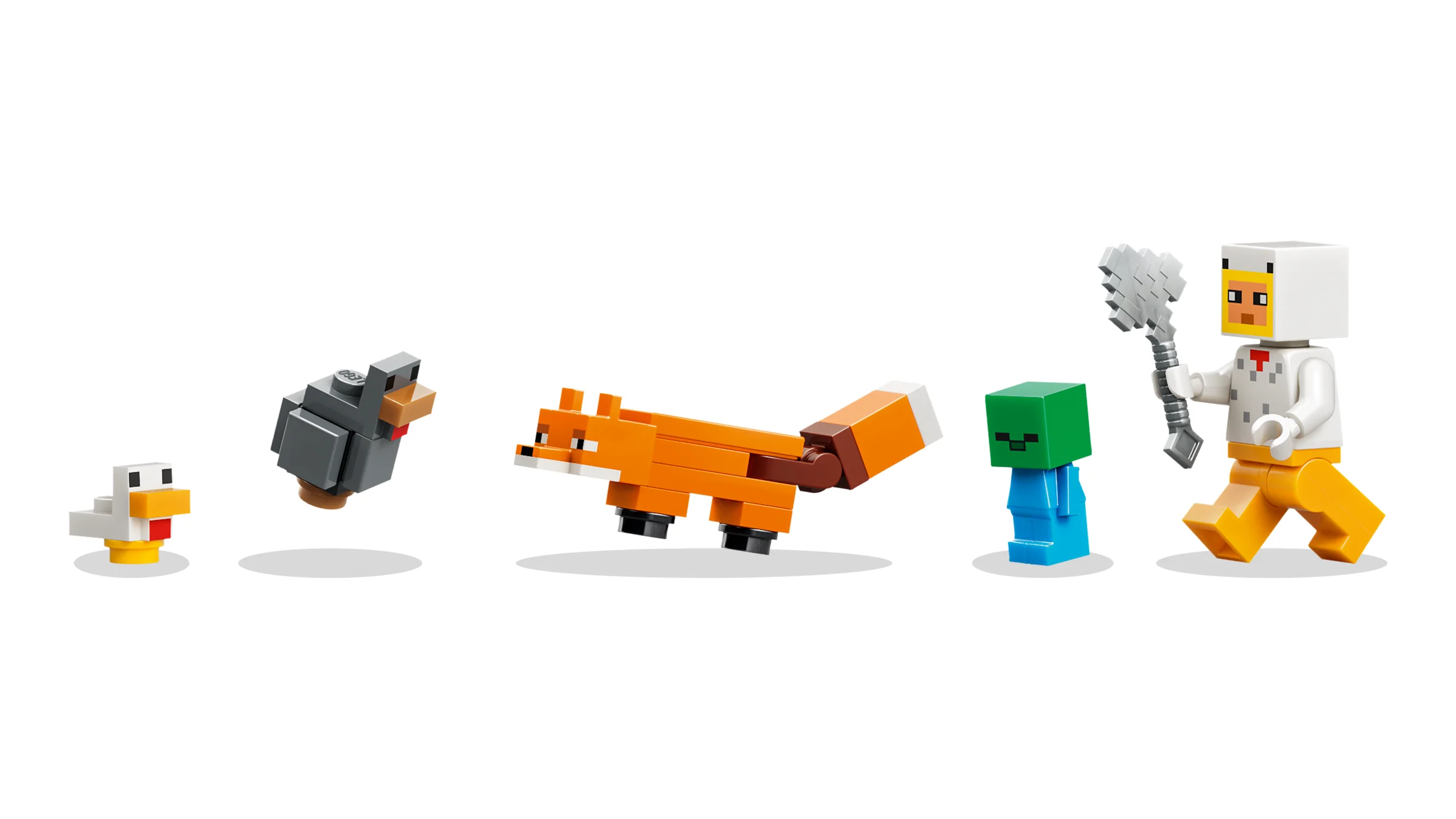 Prezentare minifigurine și animale din set: găină, lup, vulpe, zombie, fermier-găină.