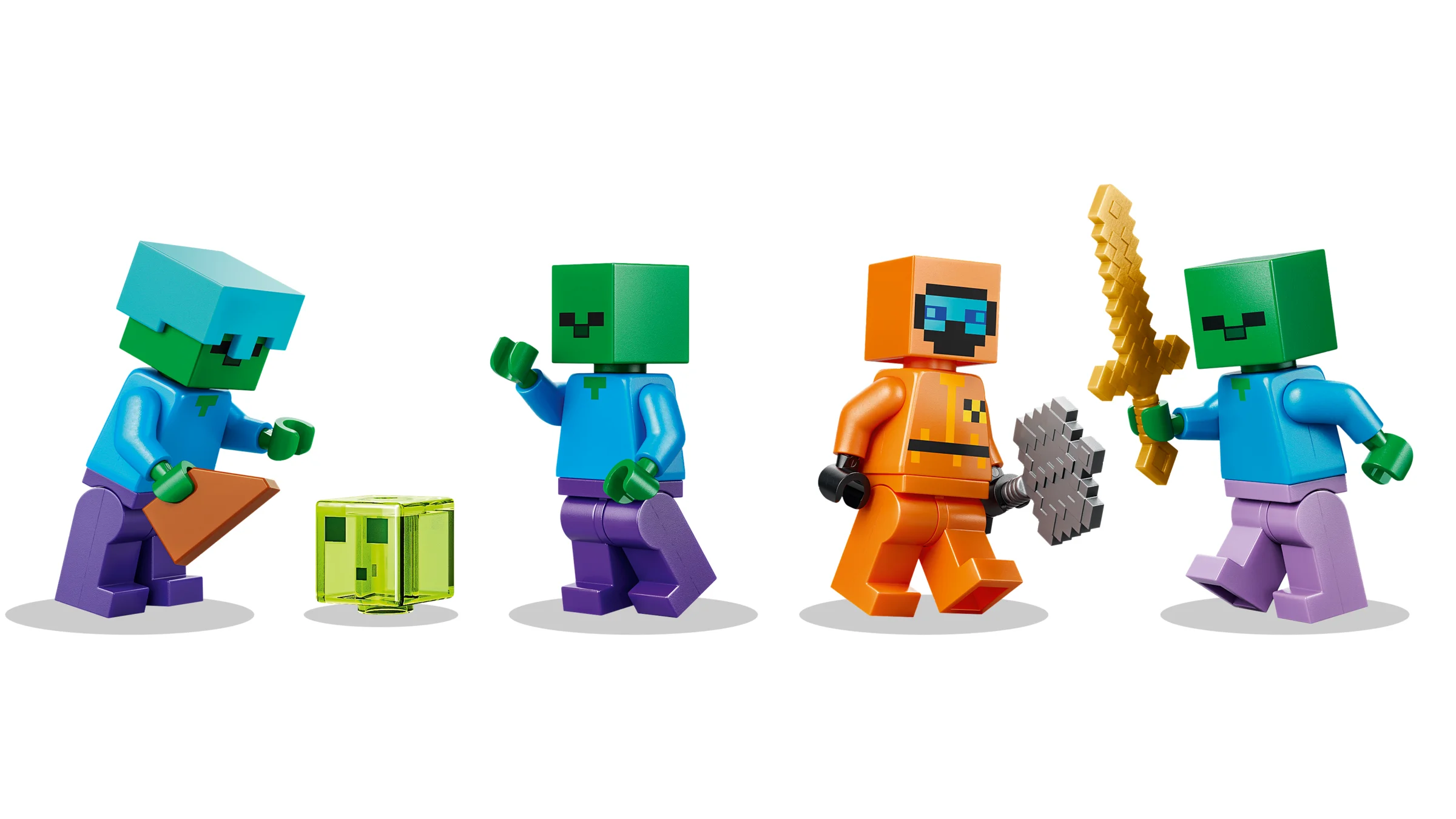 Prezentare minifigurine LEGO Minecraft Zombie Dungeon: zombie, slime și un gardian în armură.
