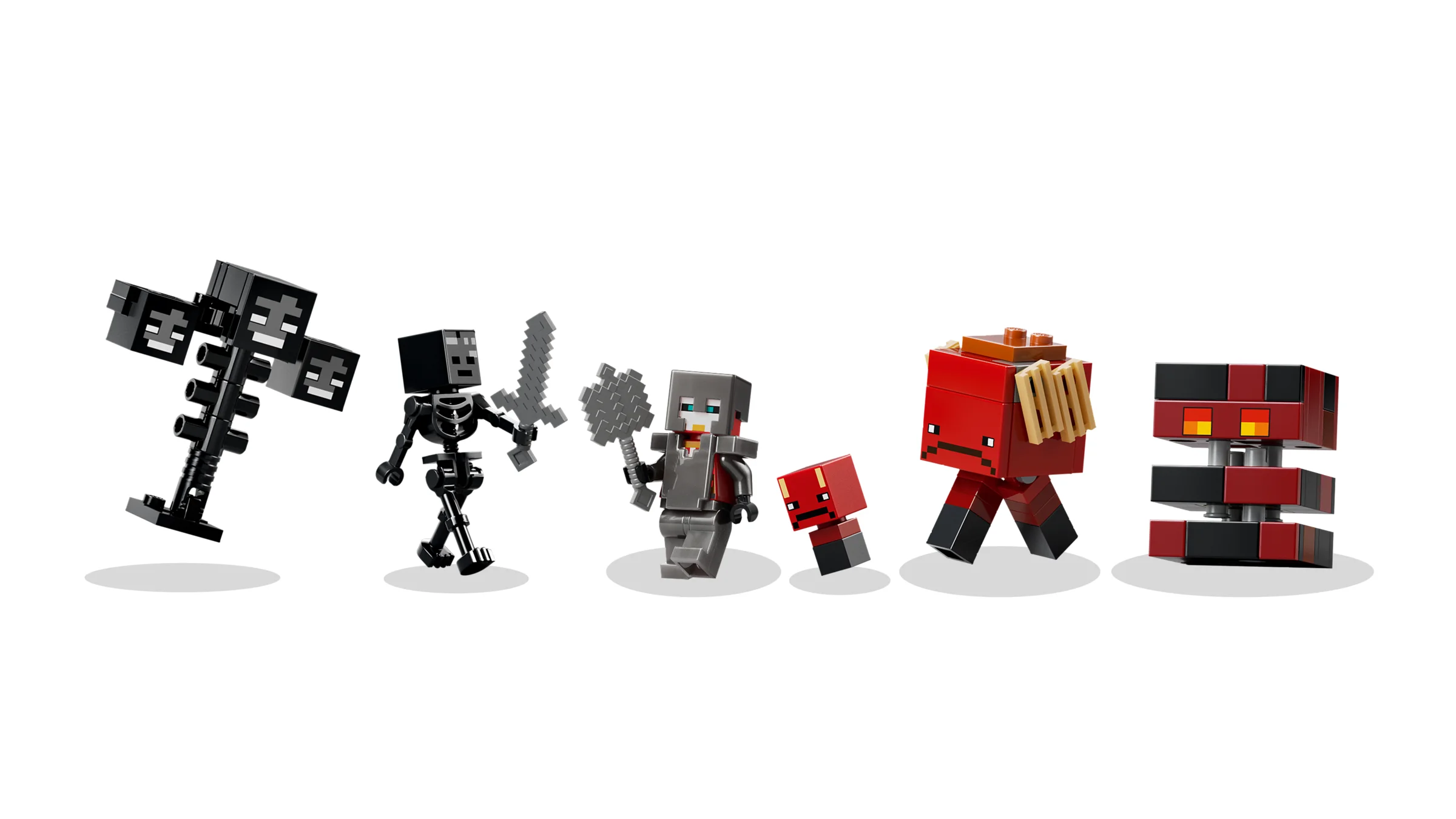 Imagine cu minifigurinele și monștrii din setul LEGO Minecraft: Bătălia cu Wither.