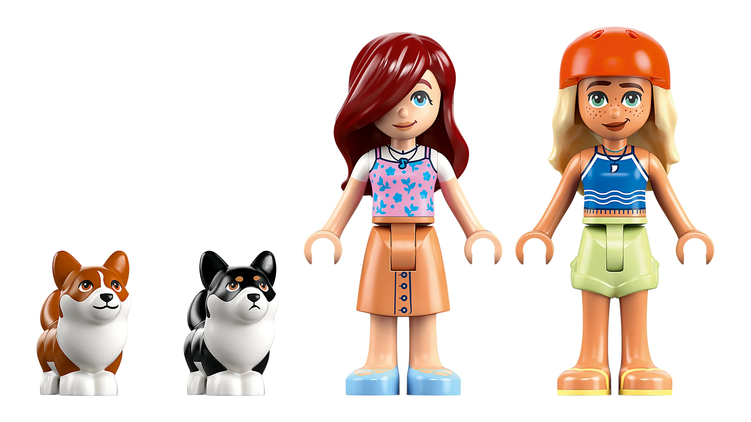 Prim-plan cu două minifigurine LEGO Friends și doi căței Corgi. Detalii clare și culori vii.