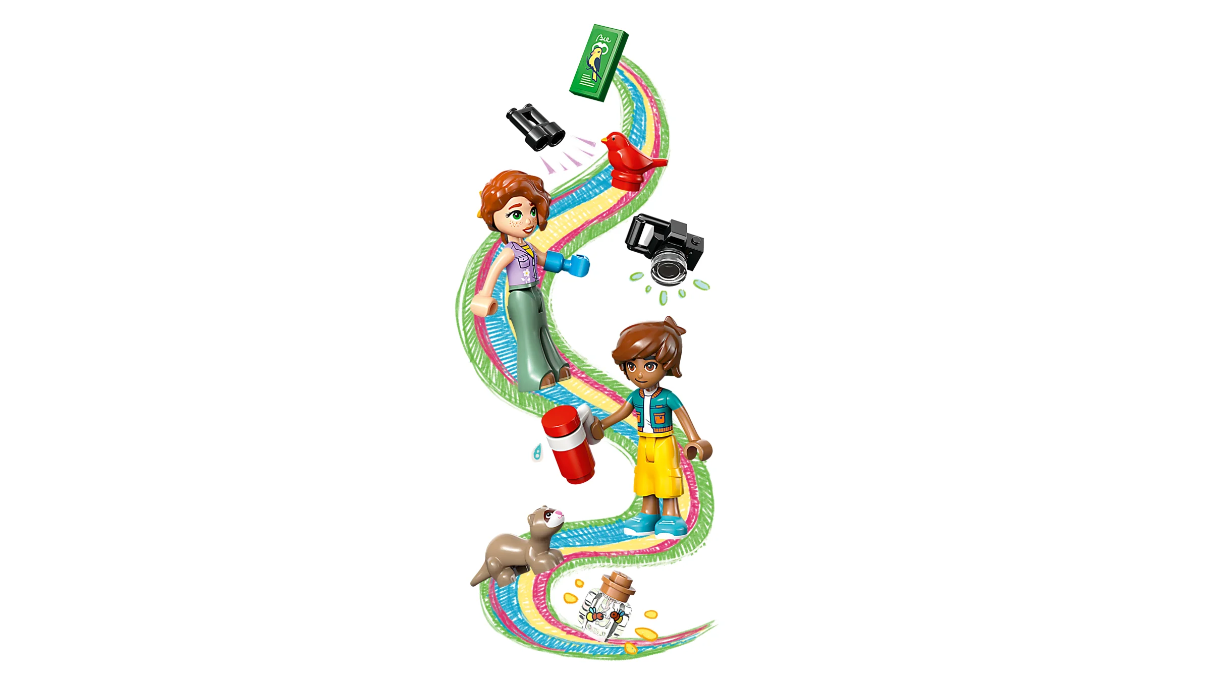 Prezentare minifigurine Autumn și prietena ei, plus accesorii tematice împrăștiate artistic.