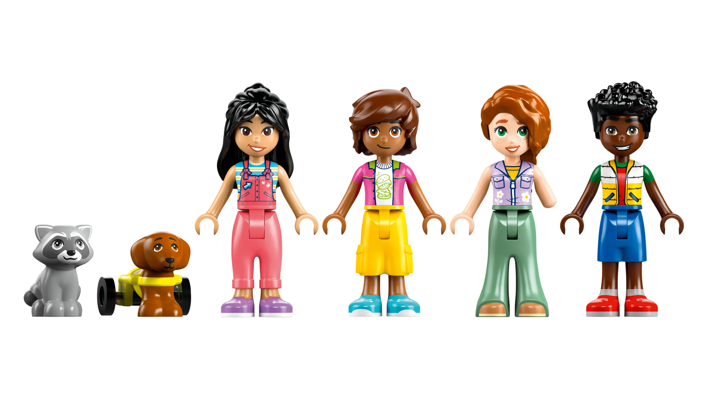 Prezentare detaliată a minifigurinelor LEGO Friends și a animalelor de companie.
