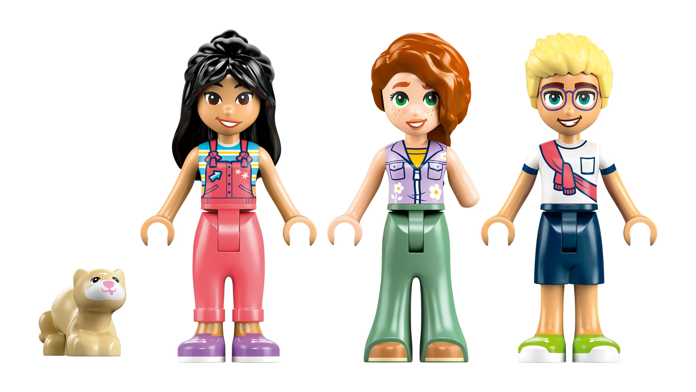 Prim-plan cu mini-figurinele LEGO Friends și un pui de pisică. Detalii vestimentare și fizionomice.