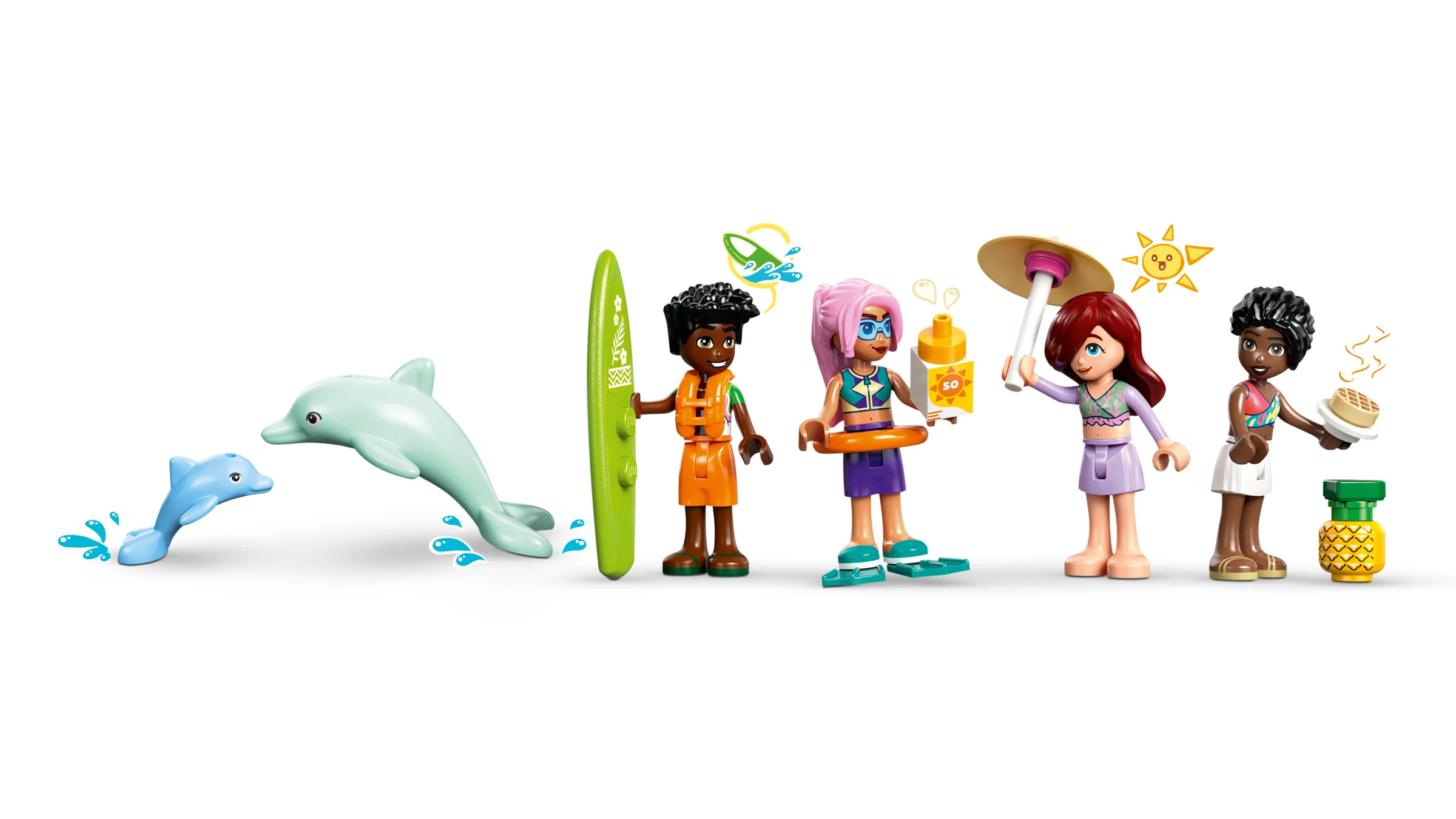 Personaje și accesorii pentru aventuri pe apă, incluzând delfini și figurine LEGO Friends.