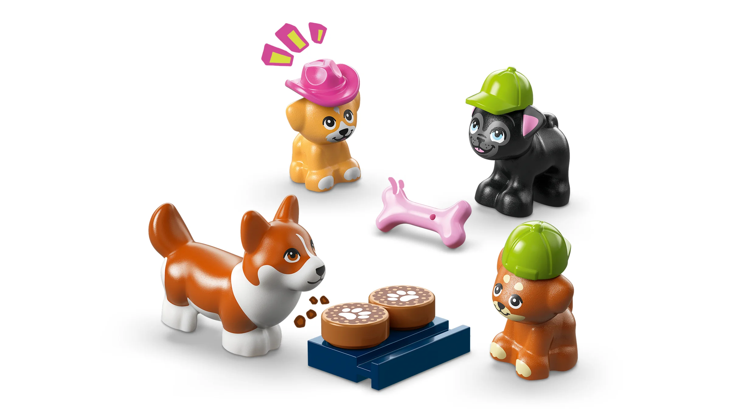 Imagine cu animăluțe LEGO, inclusiv un corgi, cu diverse accesorii și gustări pentru câini.