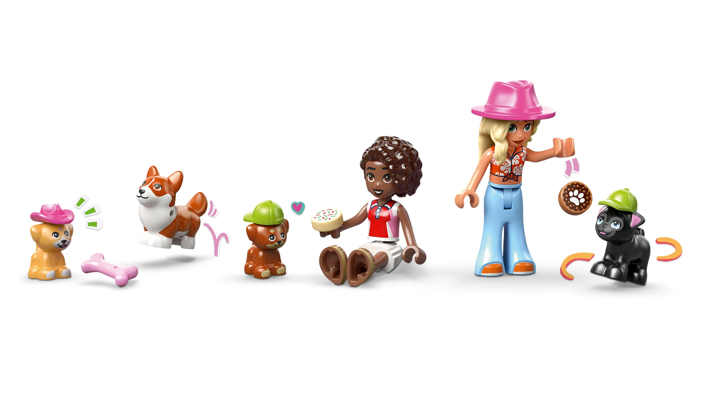 Prezentare cu mini-figurinele și cățeii din setul LEGO Friends Patiseria cu dulciuri pentru câini.