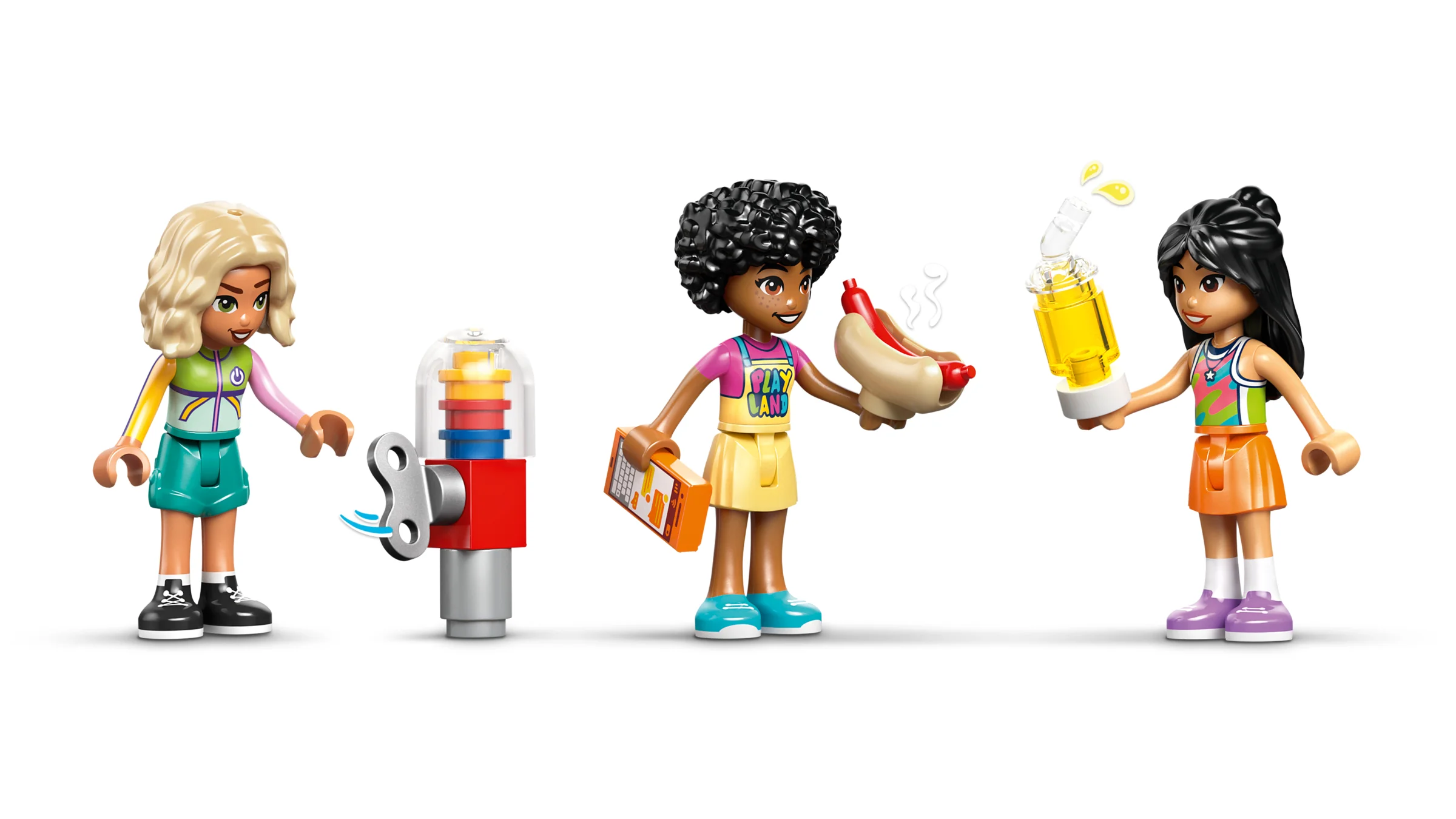 Imagine cu minifigurinele LEGO Friends și detalii despre ele: haine, accesorii.