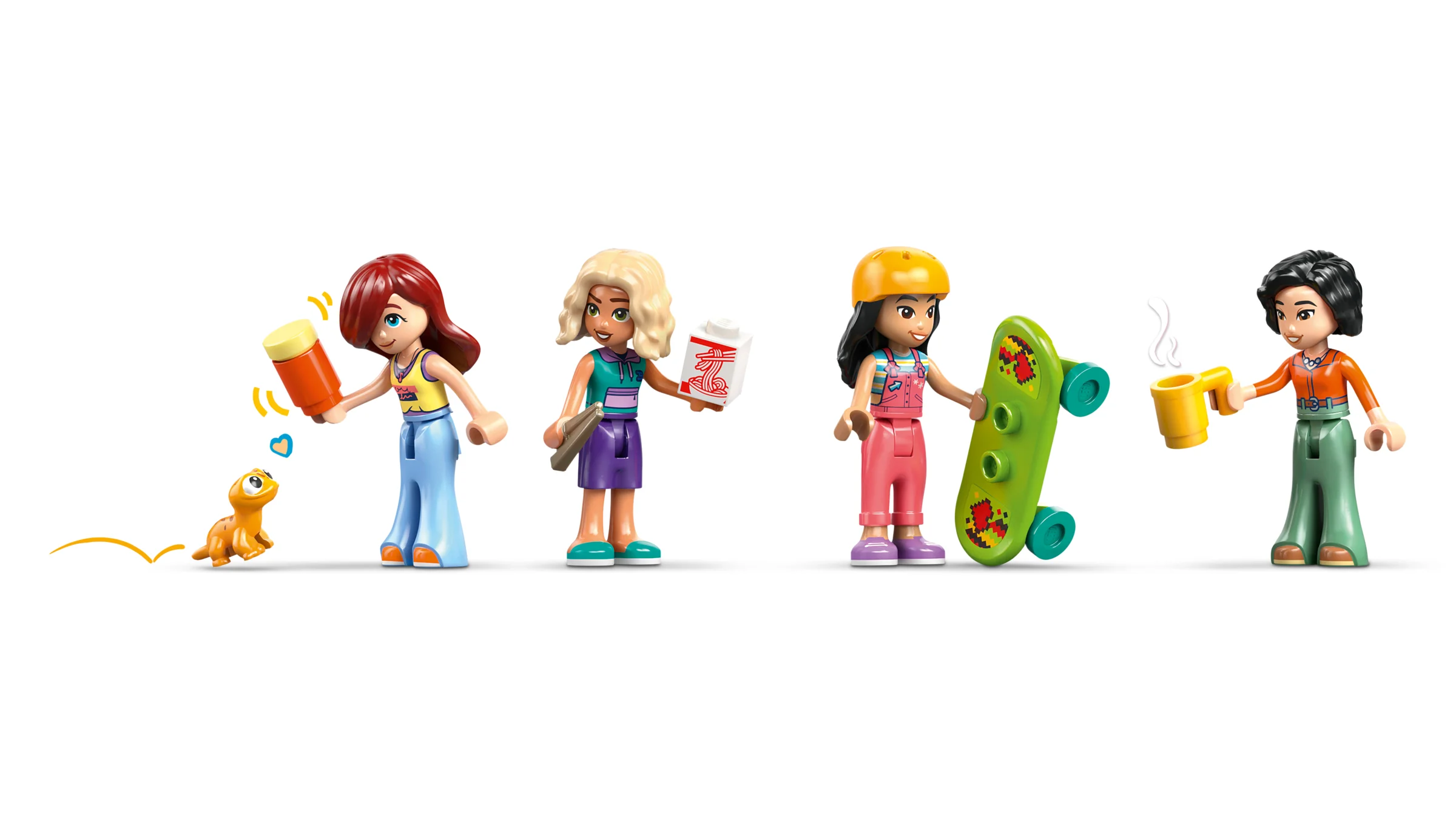 Prezentare minifigurine și accesorii din setul LEGO Friends 42687: Liann, Olly, Zac și Autumn.