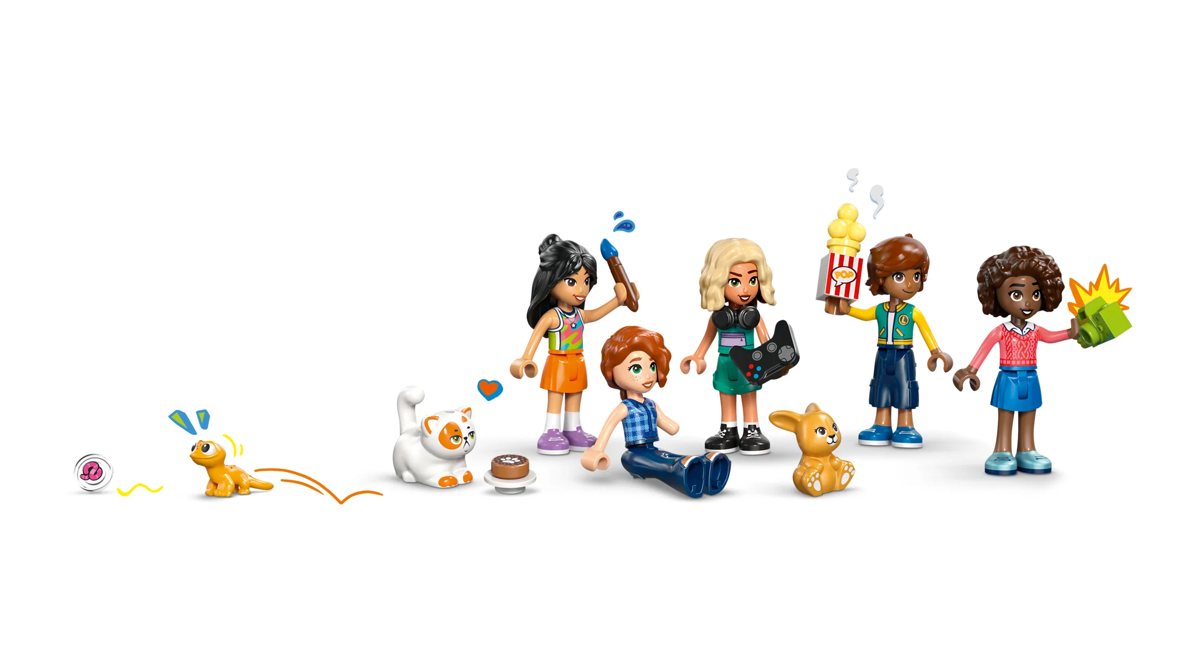 Prezentare cu minifigurinele și animalele de companie din setul LEGO Heartlake City Friends Club House.