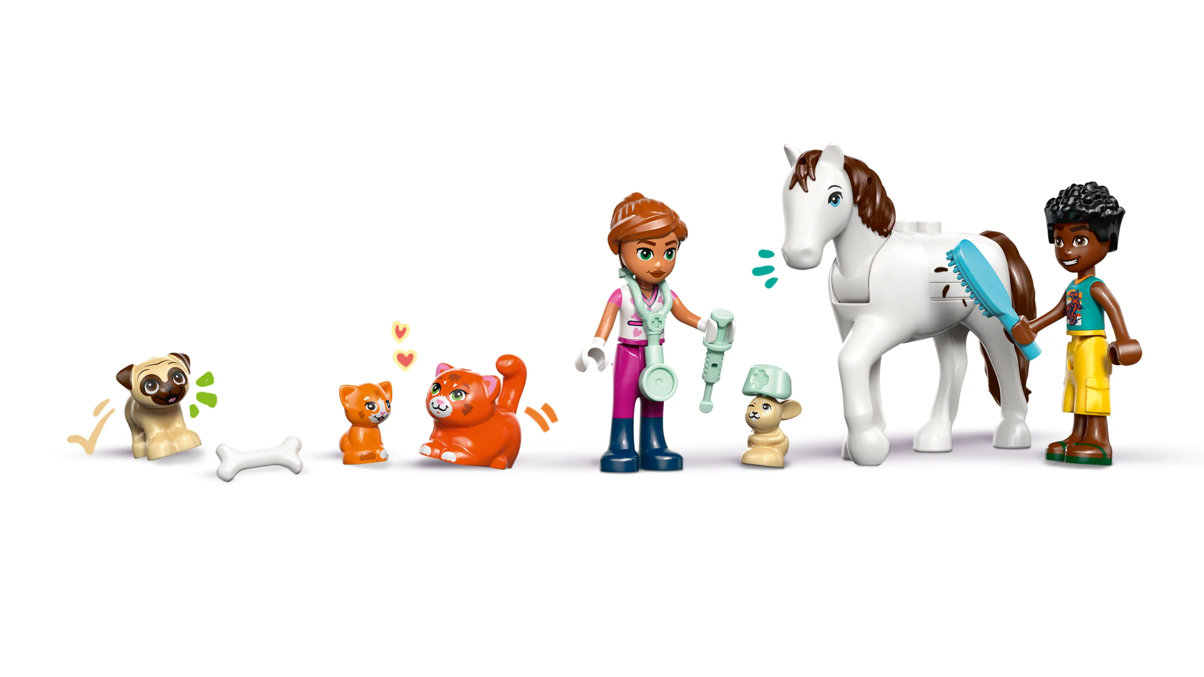 Prezentare cu minifigurinele și animalele de la clinica veterinară, inclusiv un cățel, pisici, un iepure și un cal.