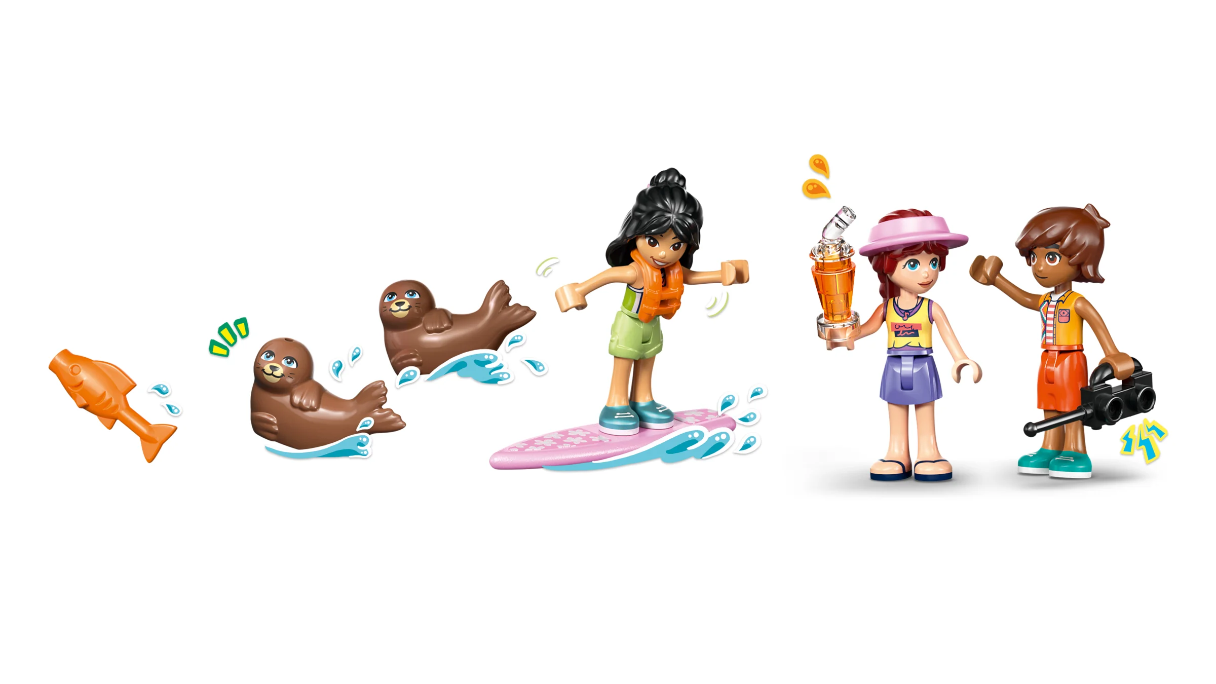 Imagine cu minifigurinele și foci din setul LEGO Friends 42699, prezentând distracție la plajă.