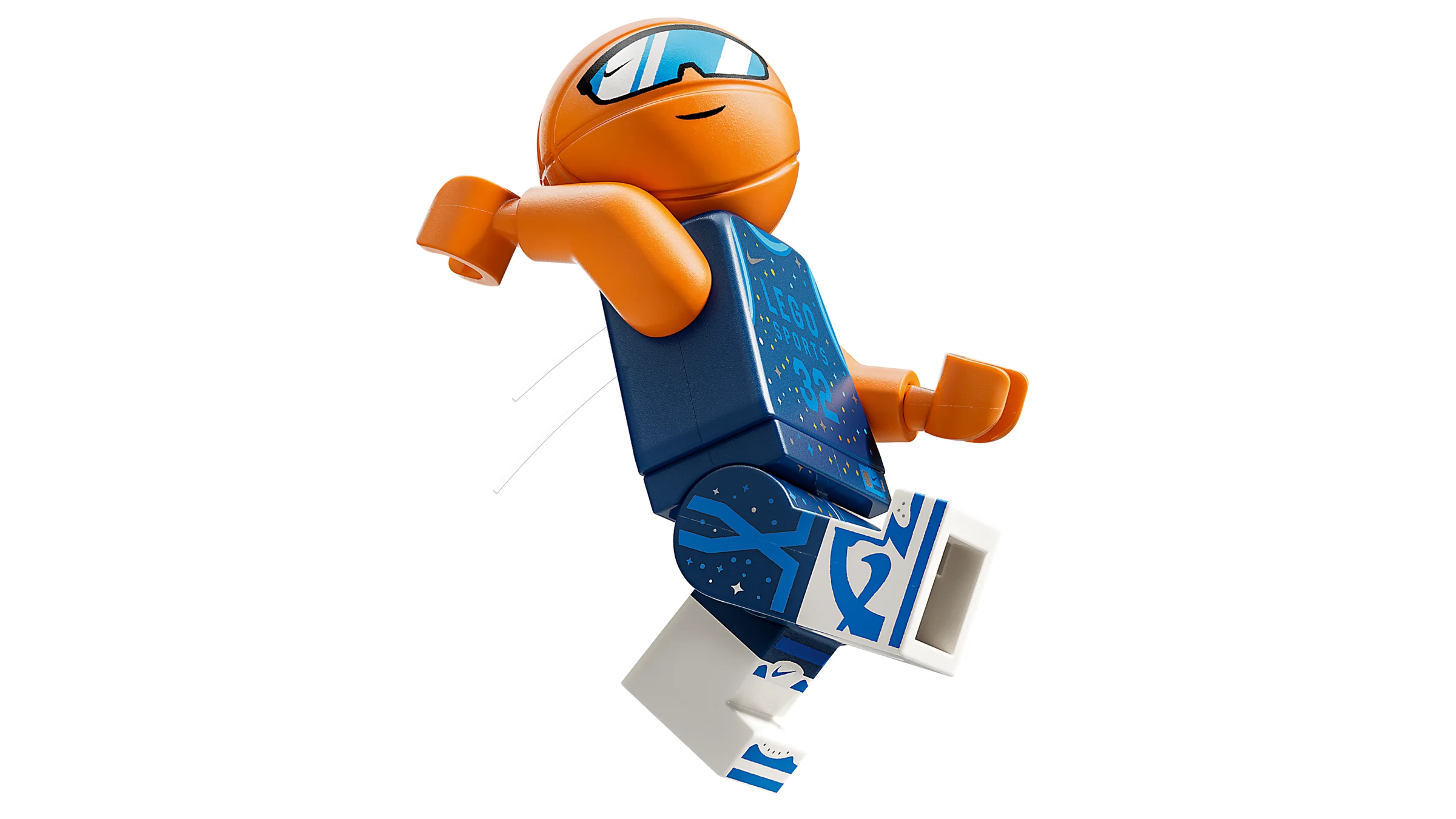 Minifigurină LEGO sportivă Nike, detalii albastre și portocalii.