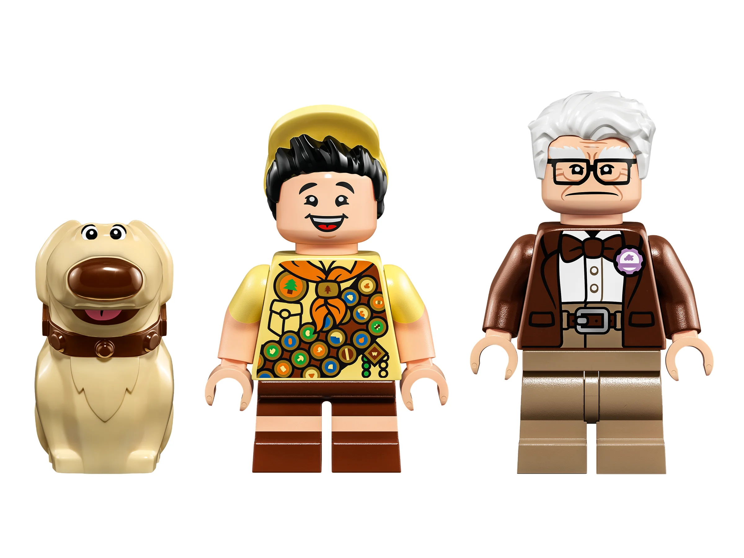 Prim-plan cu figurinele LEGO: Dug, Russell și Carl Fredricksen.