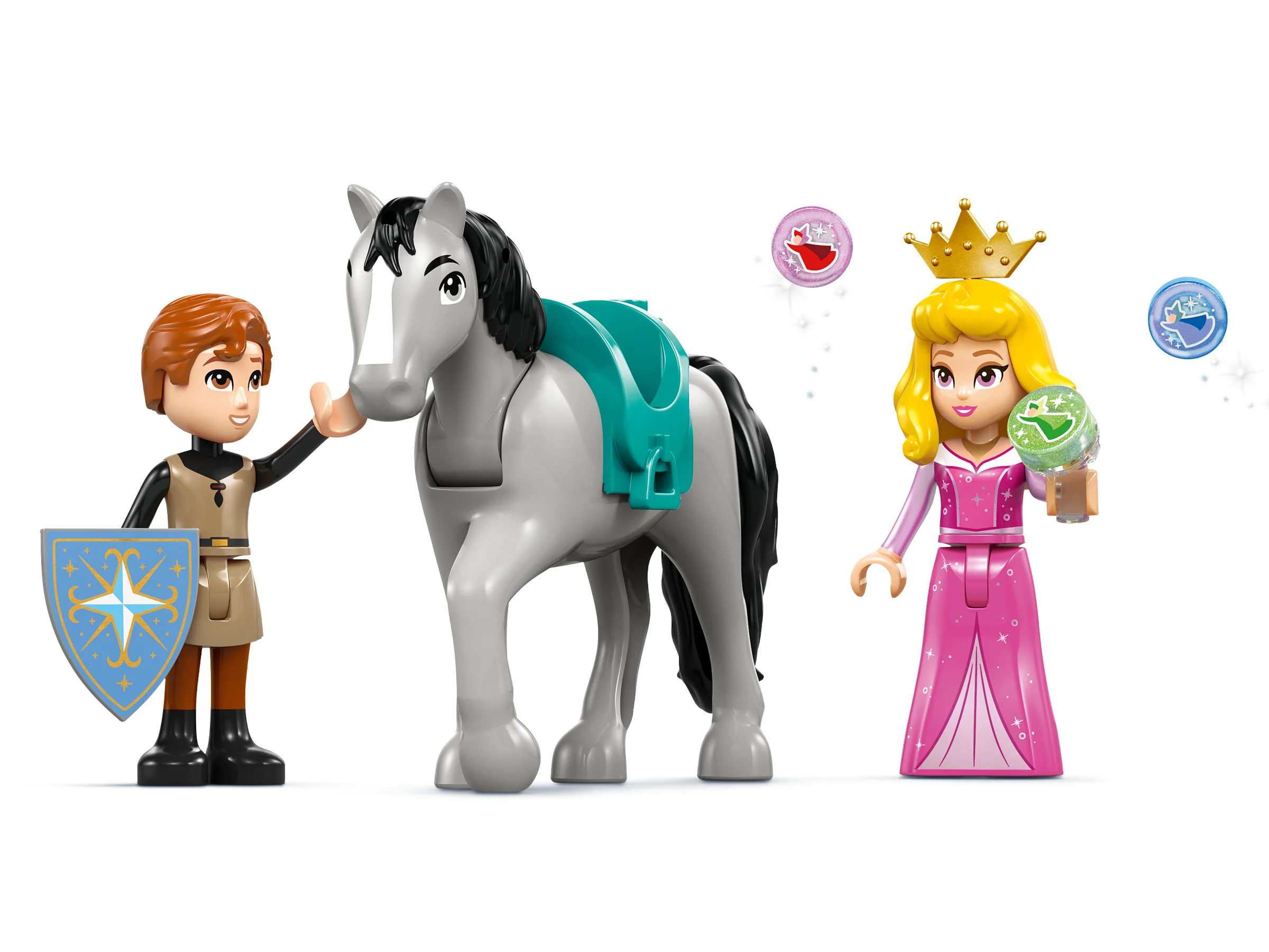 Imagine cu figurinele Aurora, Philip și calul din setul LEGO 43240.