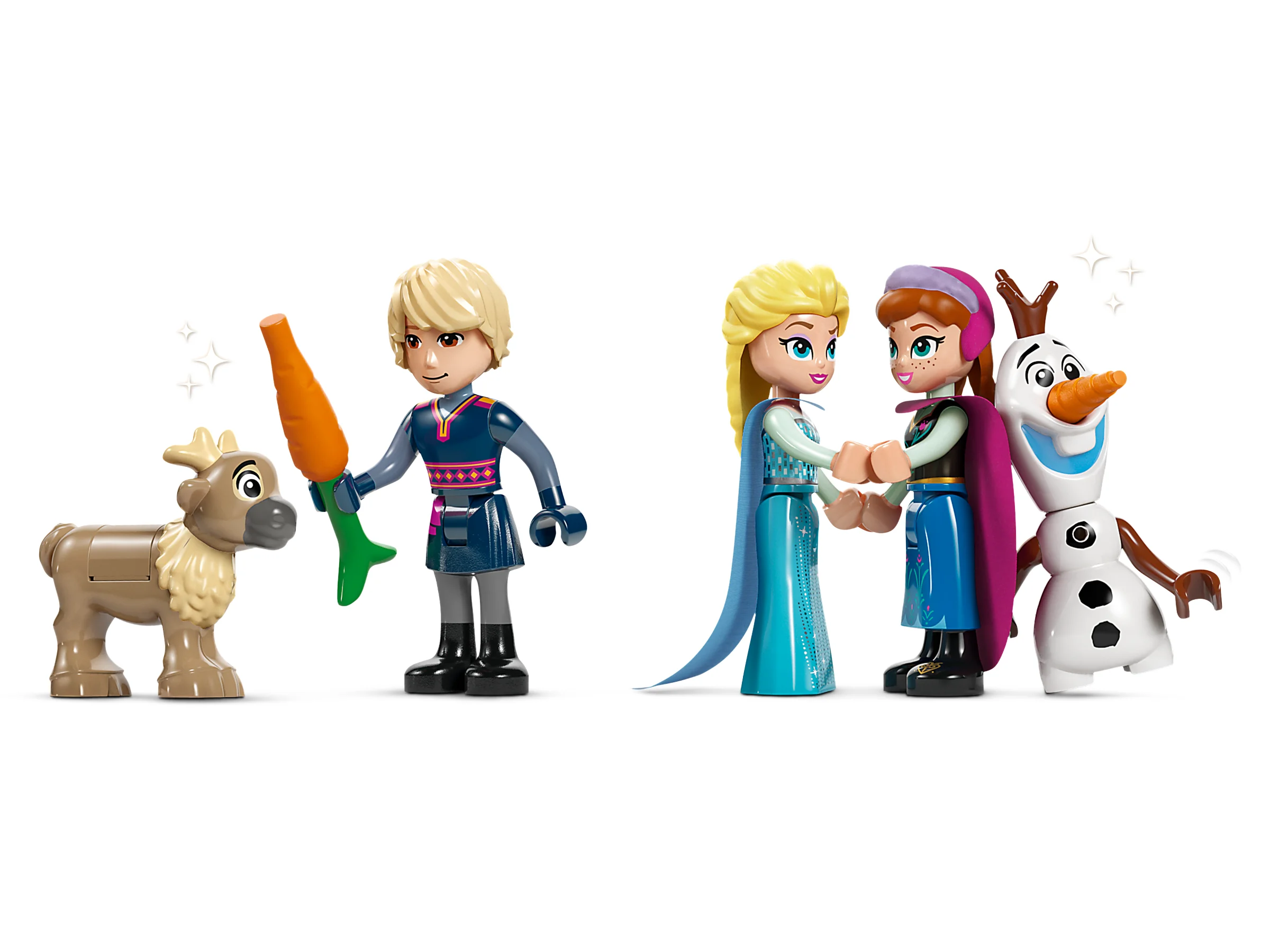 Personaje LEGO Frozen: Elsa, Ana, Kristoff, Olaf și Sven. Imagine detaliată a minifigurinelor.