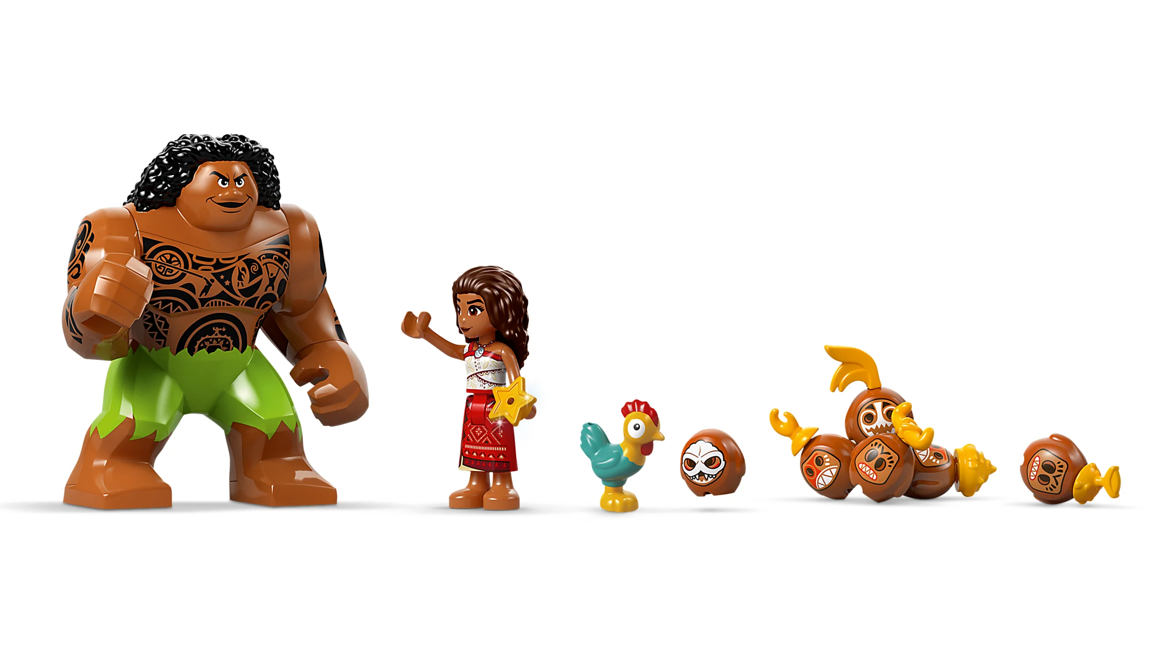 Imagine cu figurinele LEGO din setul Kakamora Barge. Include Maui, Moana, Hei Hei și Kakamora.