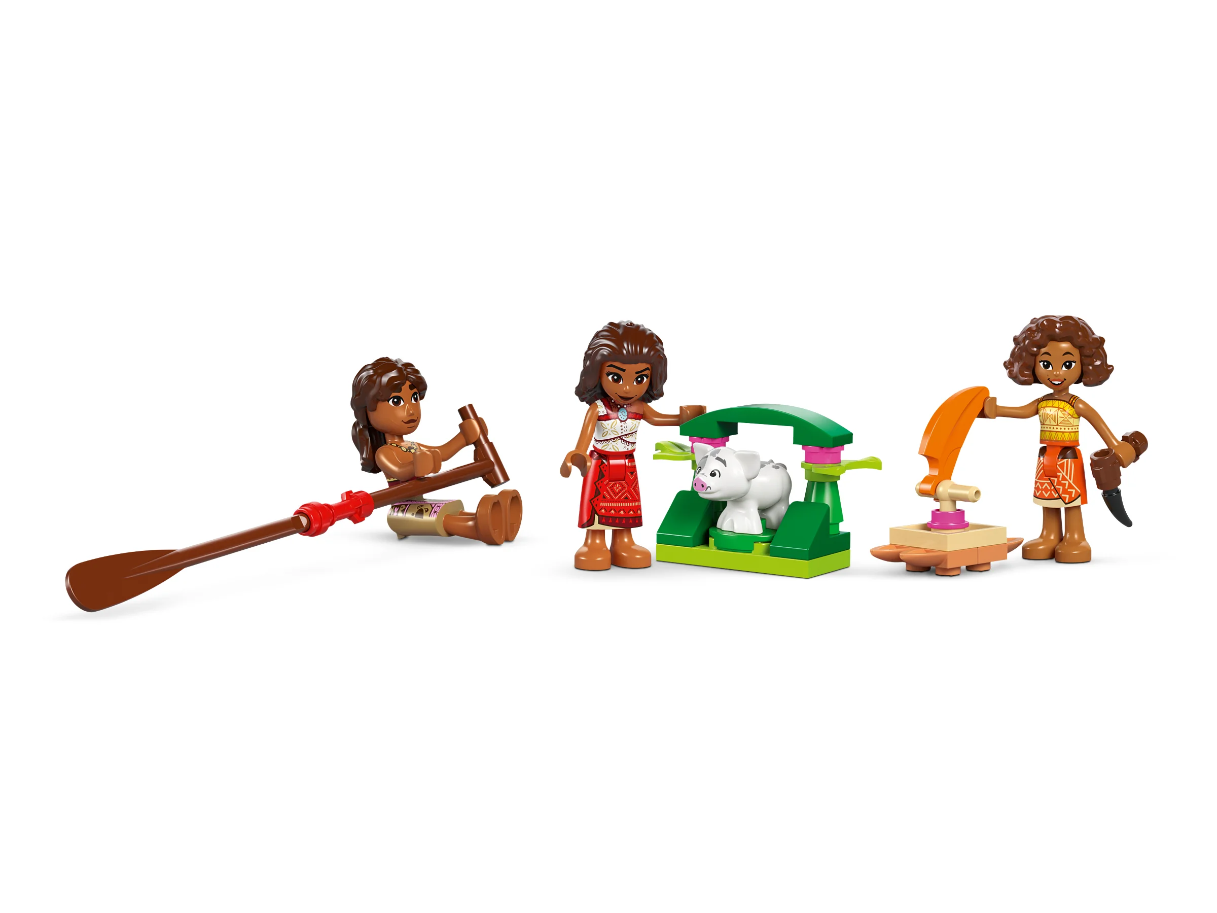 Imagine cu minifigurinele Moana și Pua, parte din setul LEGO Moana. Detalii și accesorii incluse.