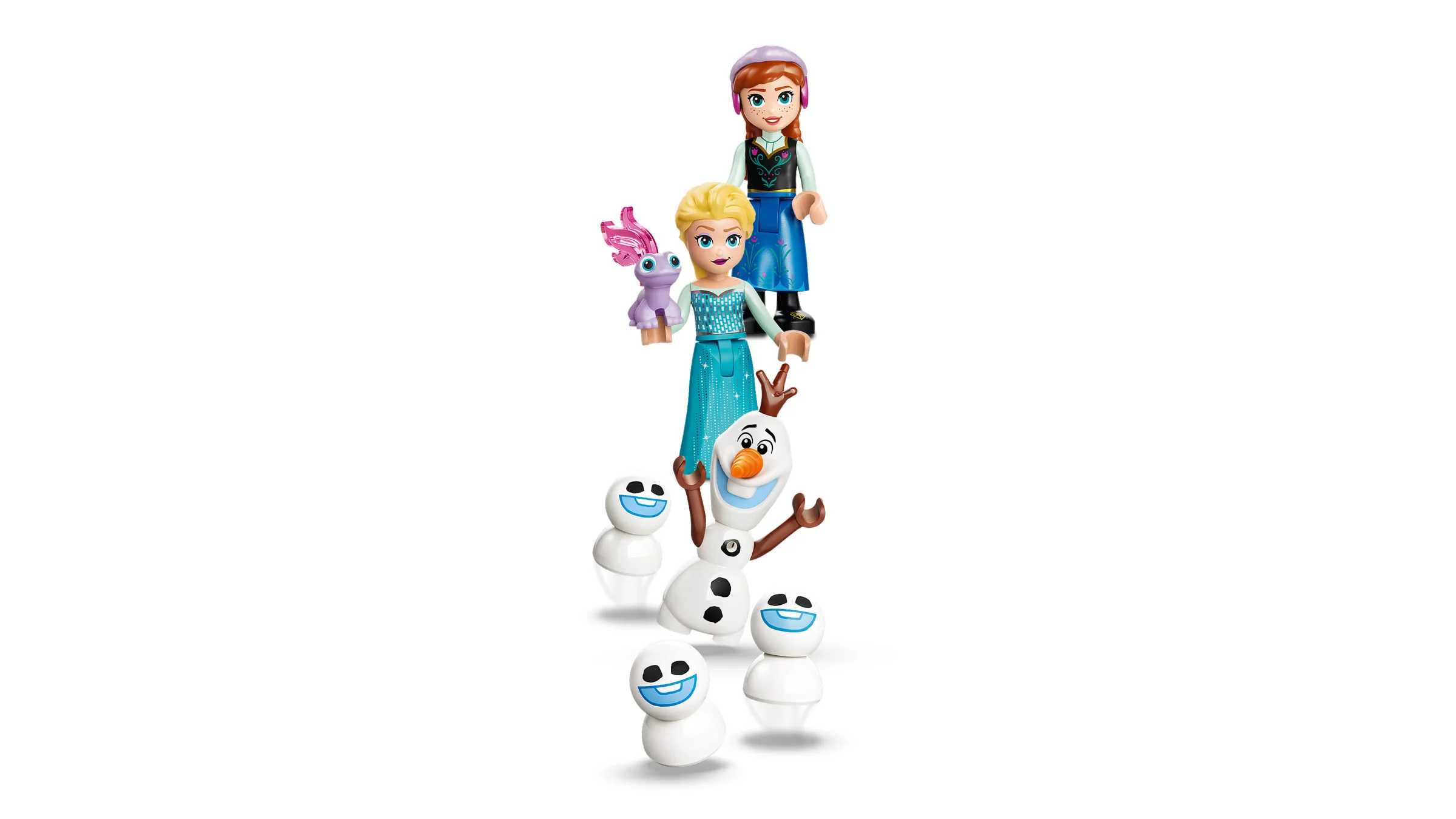 Prim-plan cu minifigurinele Elsa, Anna, Olaf, un iepuraș și mini oameni de zăpadă.