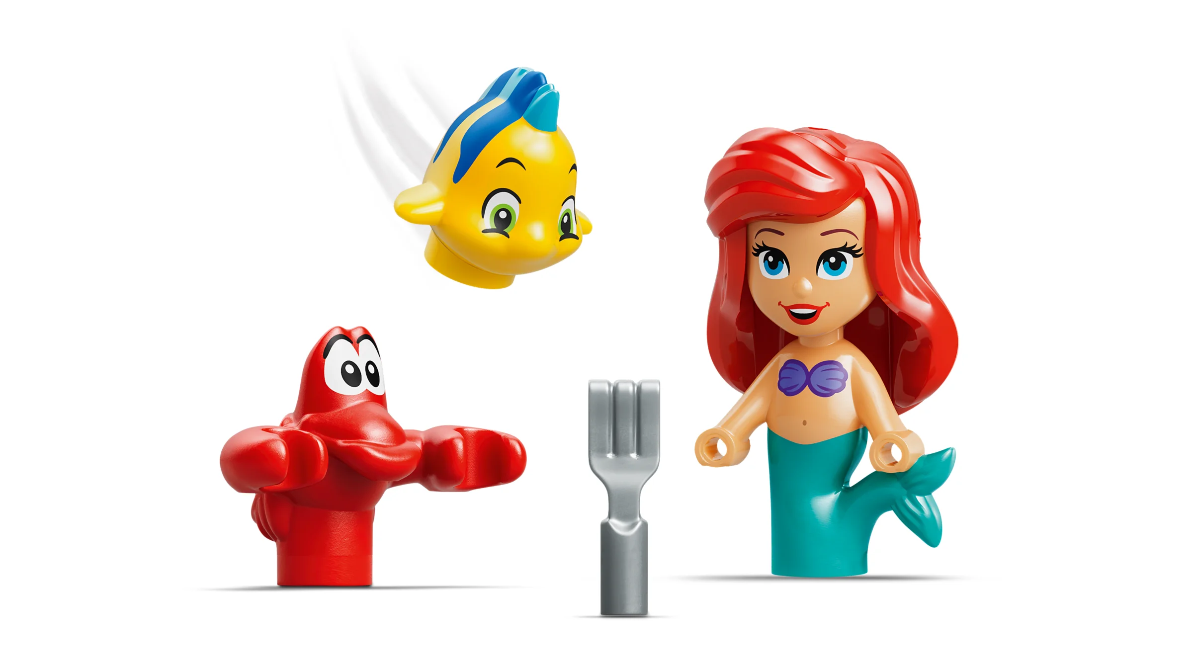 Prezentare detaliată a minifigurinelor Ariel, Flounder și Sebastian din setul LEGO Disney Ariel.