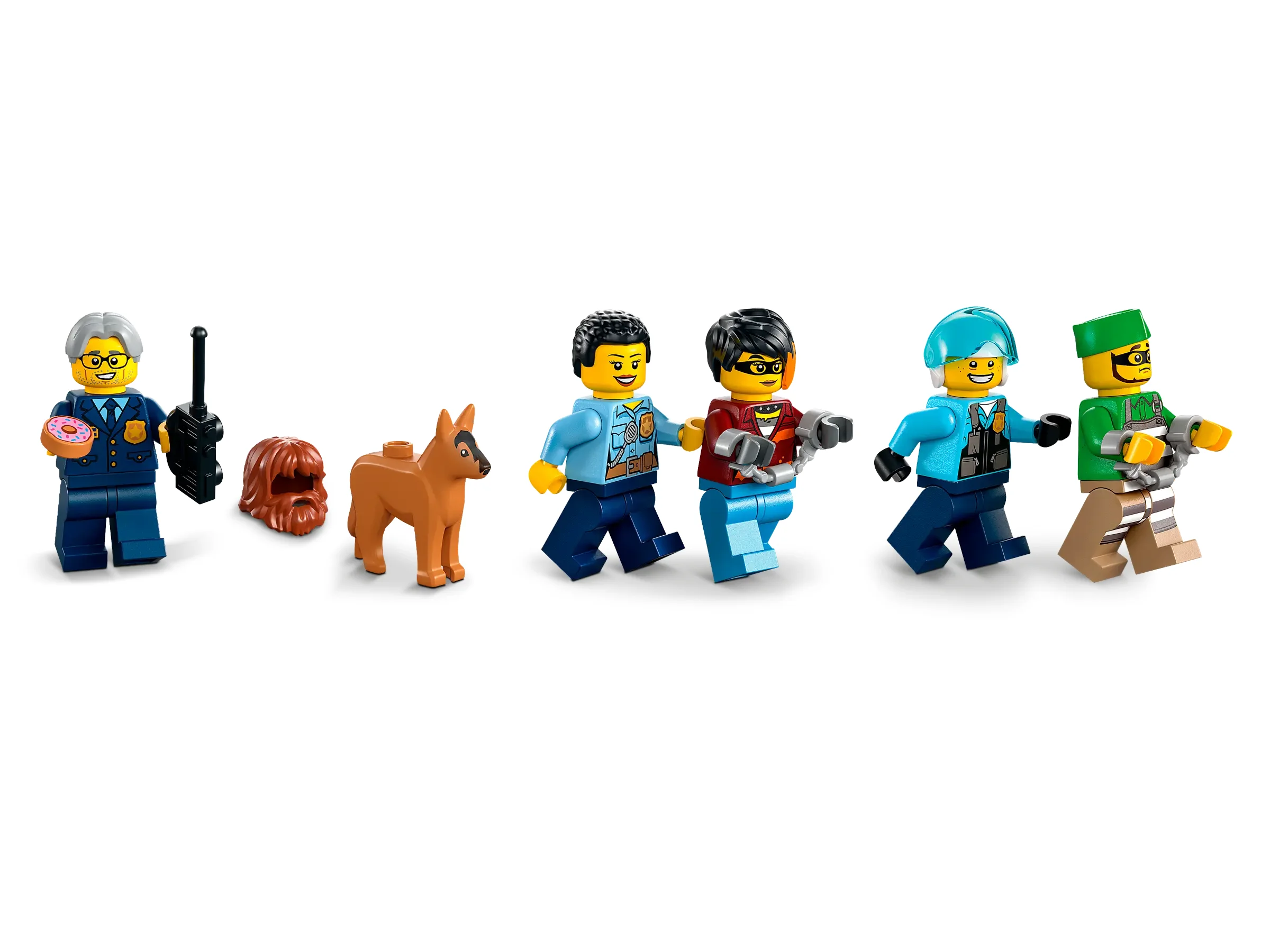 Prezentare detaliată a minifigurinelor și a câinelui din setul Poliția, LEGO City 60316.