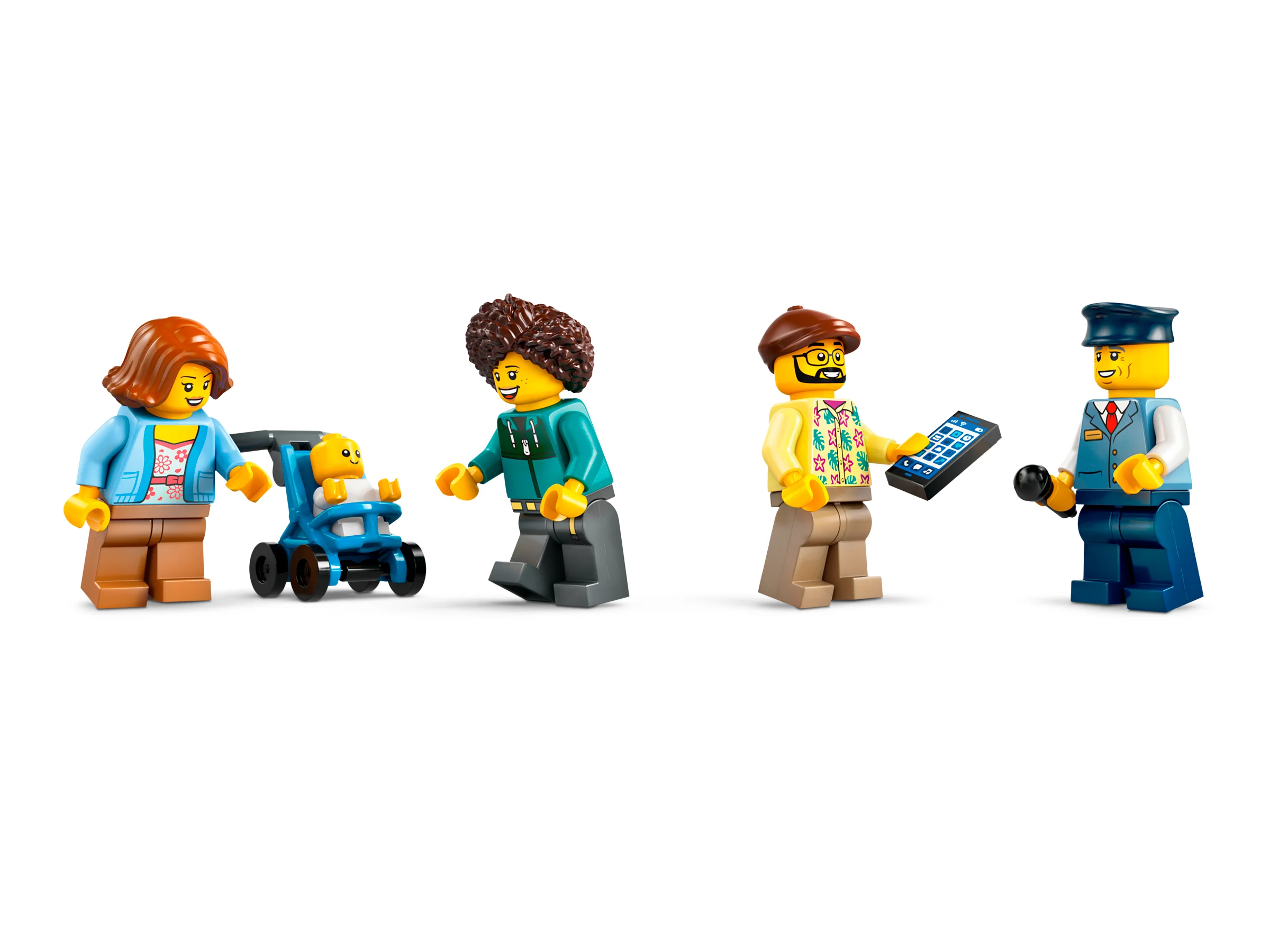 Prezintă minifigurinele incluse în set: mama cu cărucior, turist, șofer. Detalii ale personajelor.