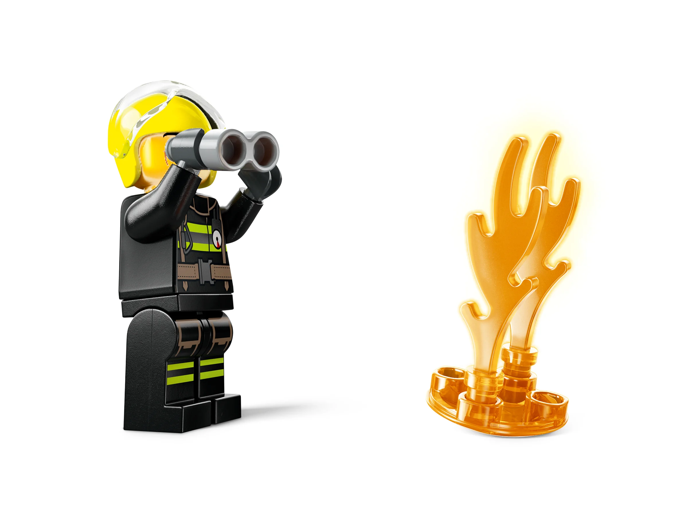 Un pompier LEGO se uită cu binoclul la un foc galben transparent.