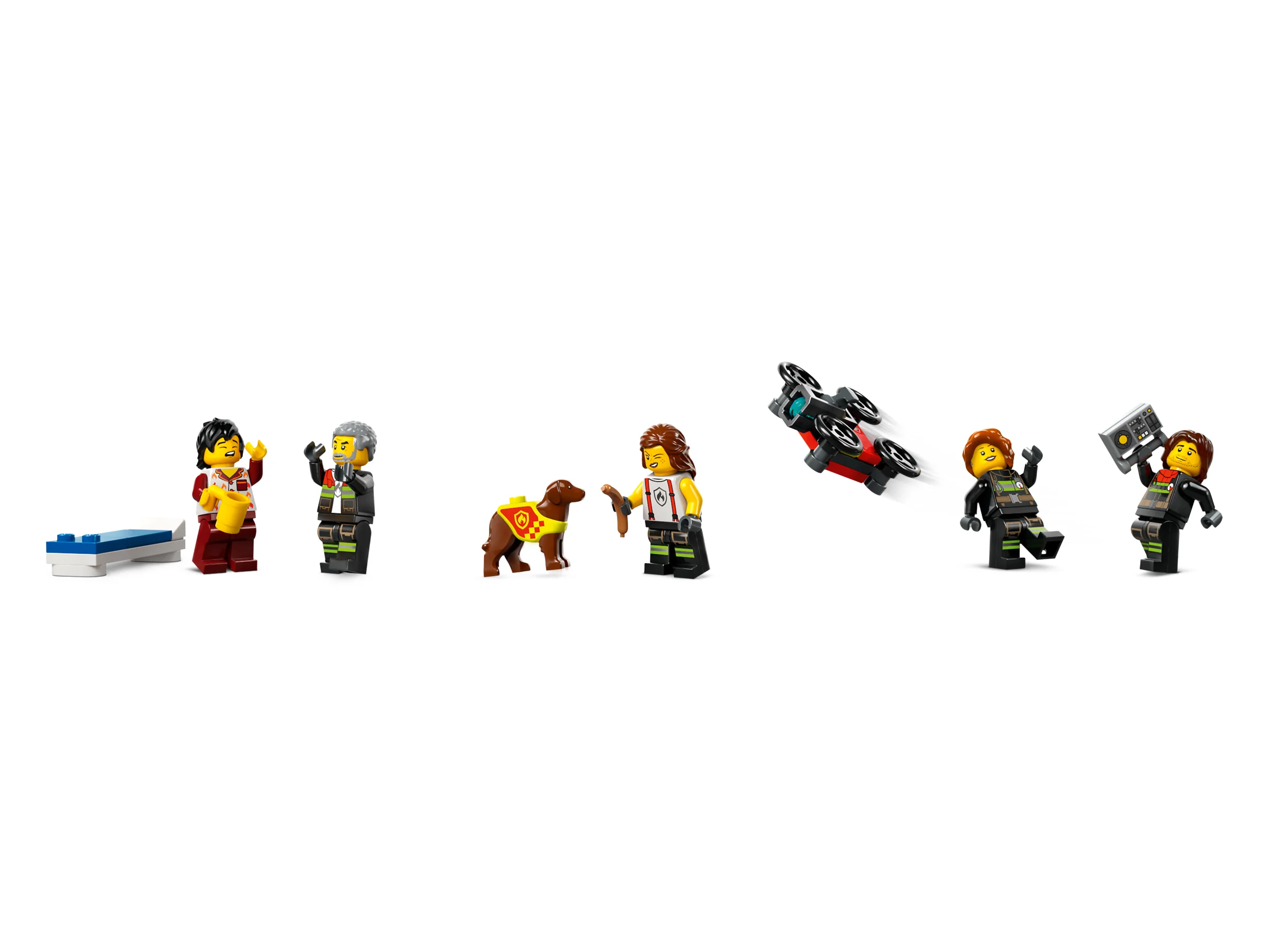 Prezentare minifigurine: pompieri, civili, câine și dronă din setul LEGO 60414.