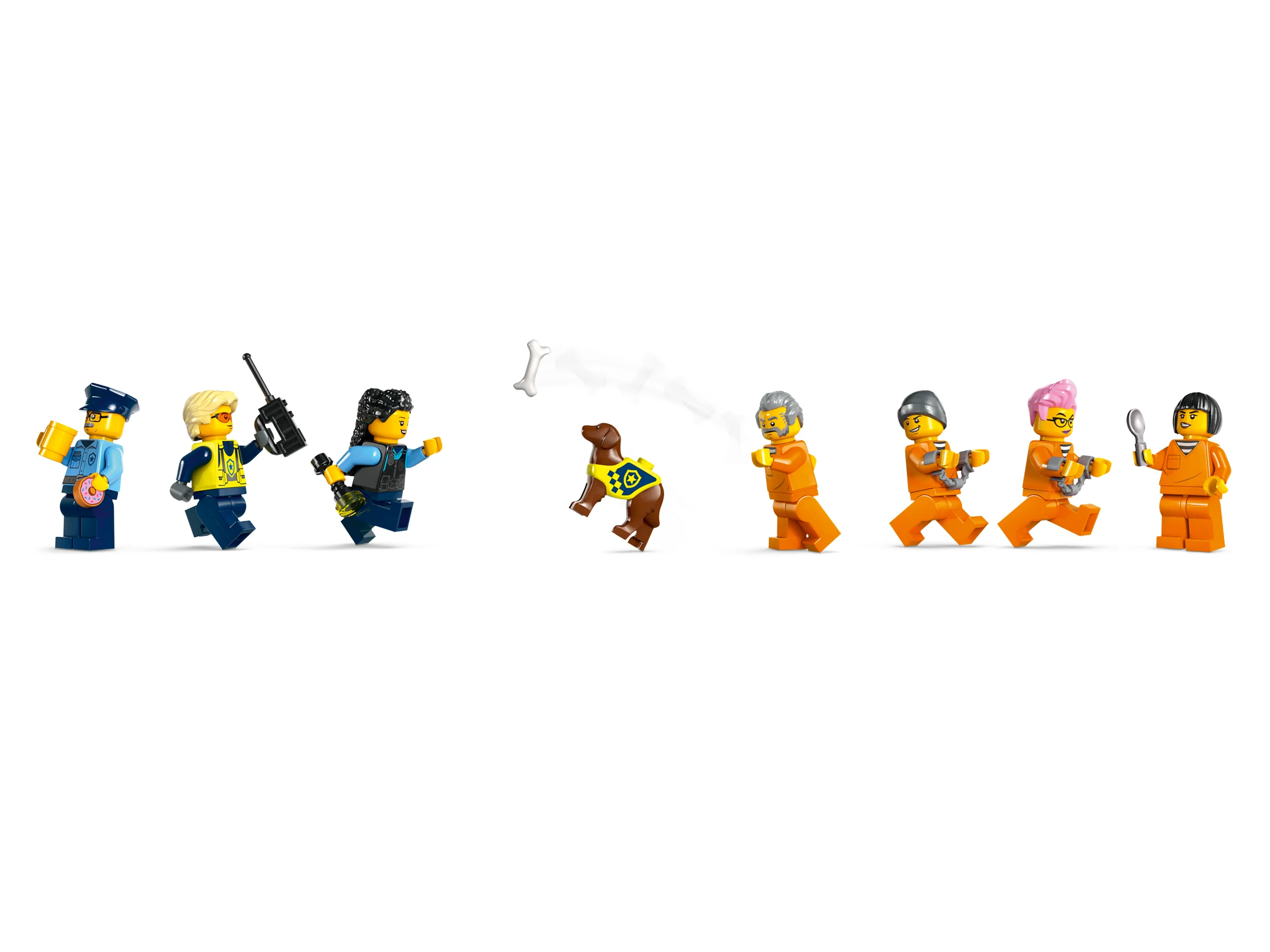 Minifigurinele incluse în setul LEGO City 60419, cu polițiști și evadați.
