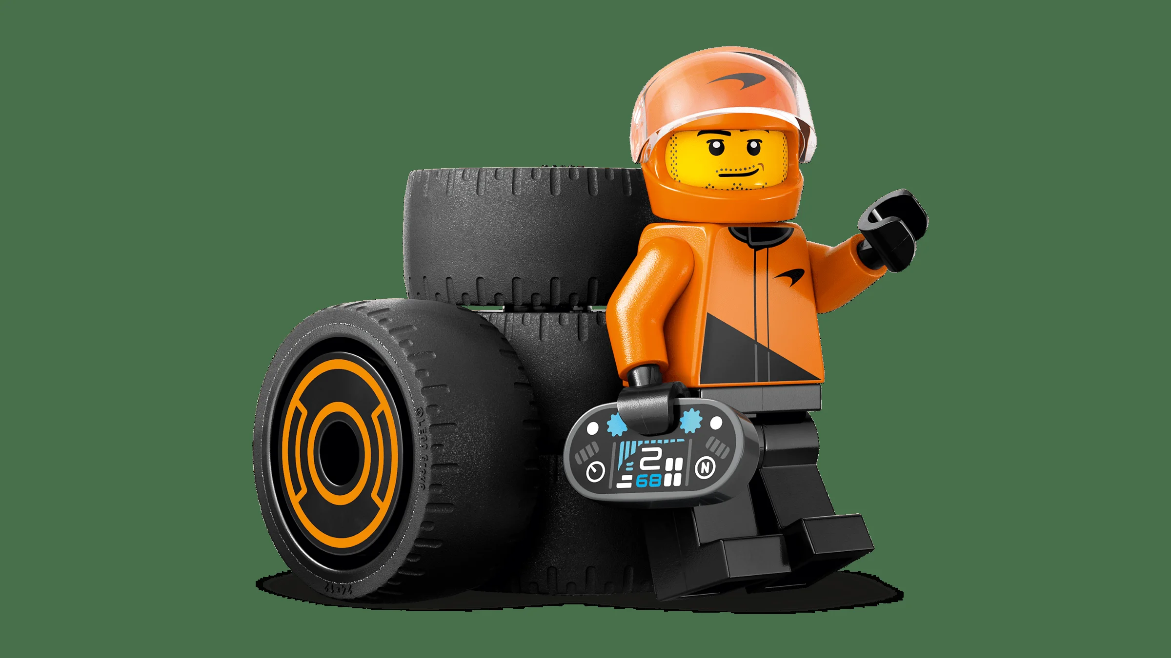 Pilotul McLaren cu pneuri. Imagine detaliată cu minifigurina și accesoriile sale.