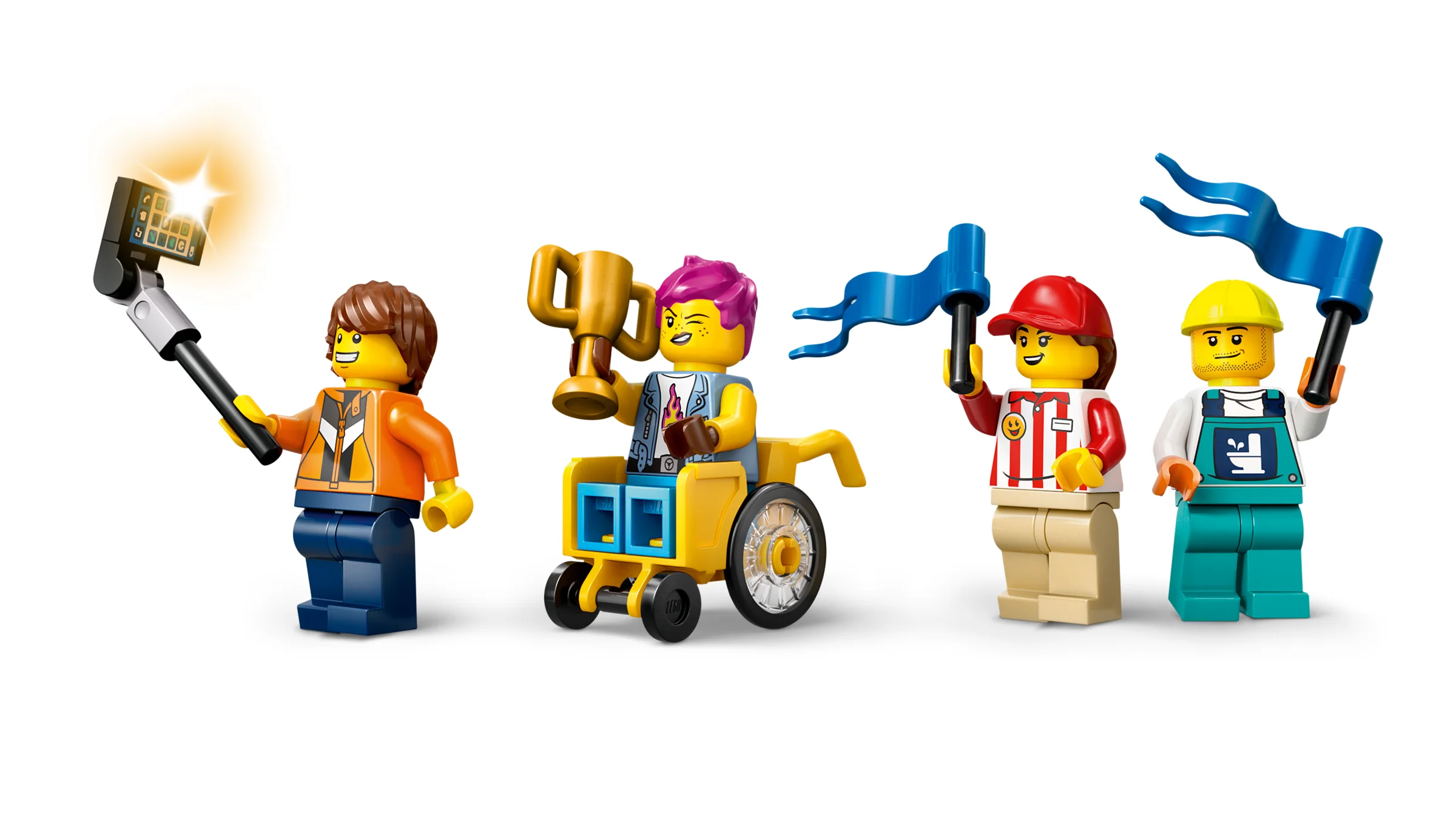 Imagine cu minifigurinele LEGO: un concurent în scaun cu rotile, susținători cu steaguri și fotograf.