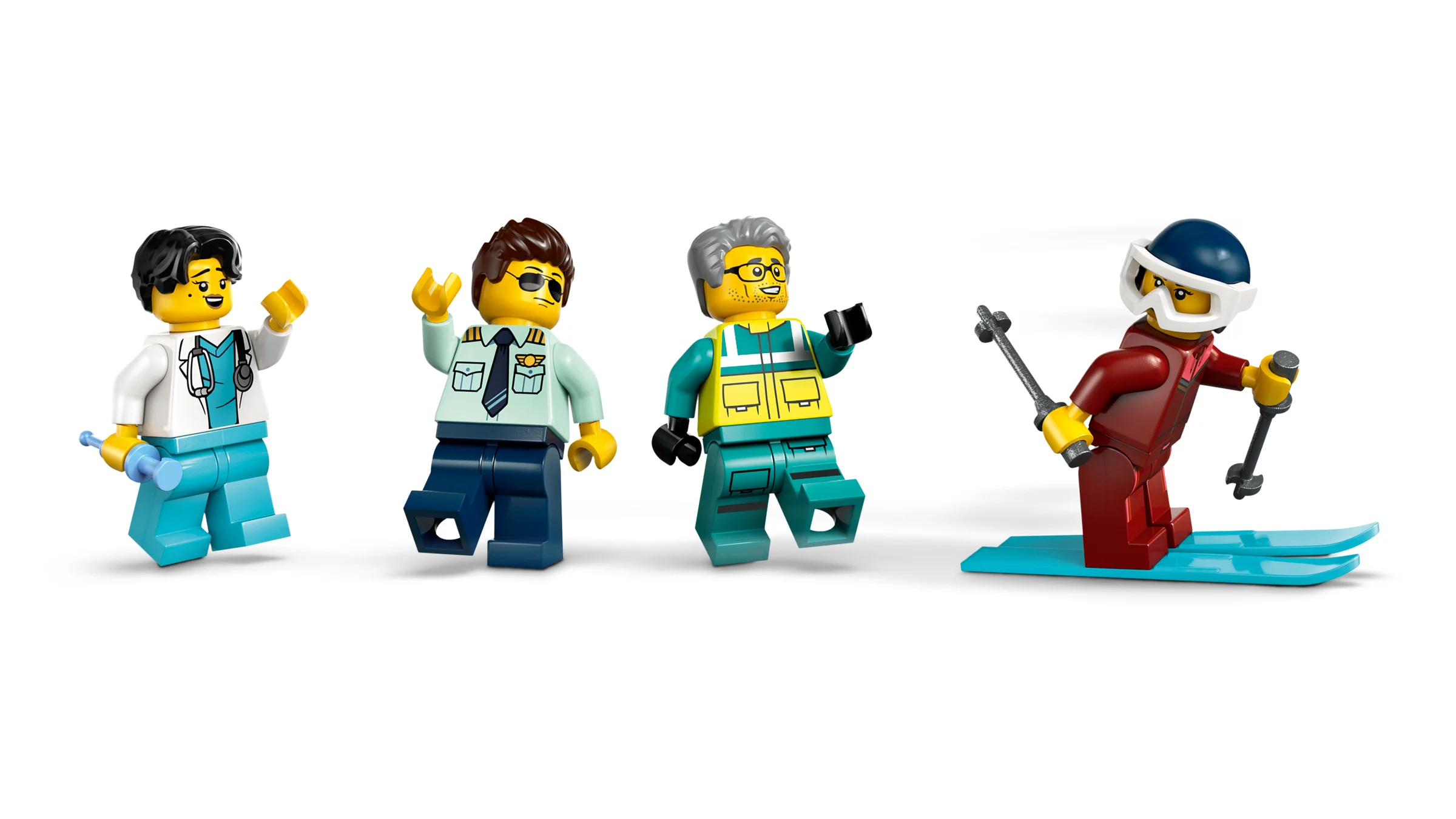 Prezentare detaliată a celor patru minifigurine LEGO din set. Doctor, pilot, salvator și schior.