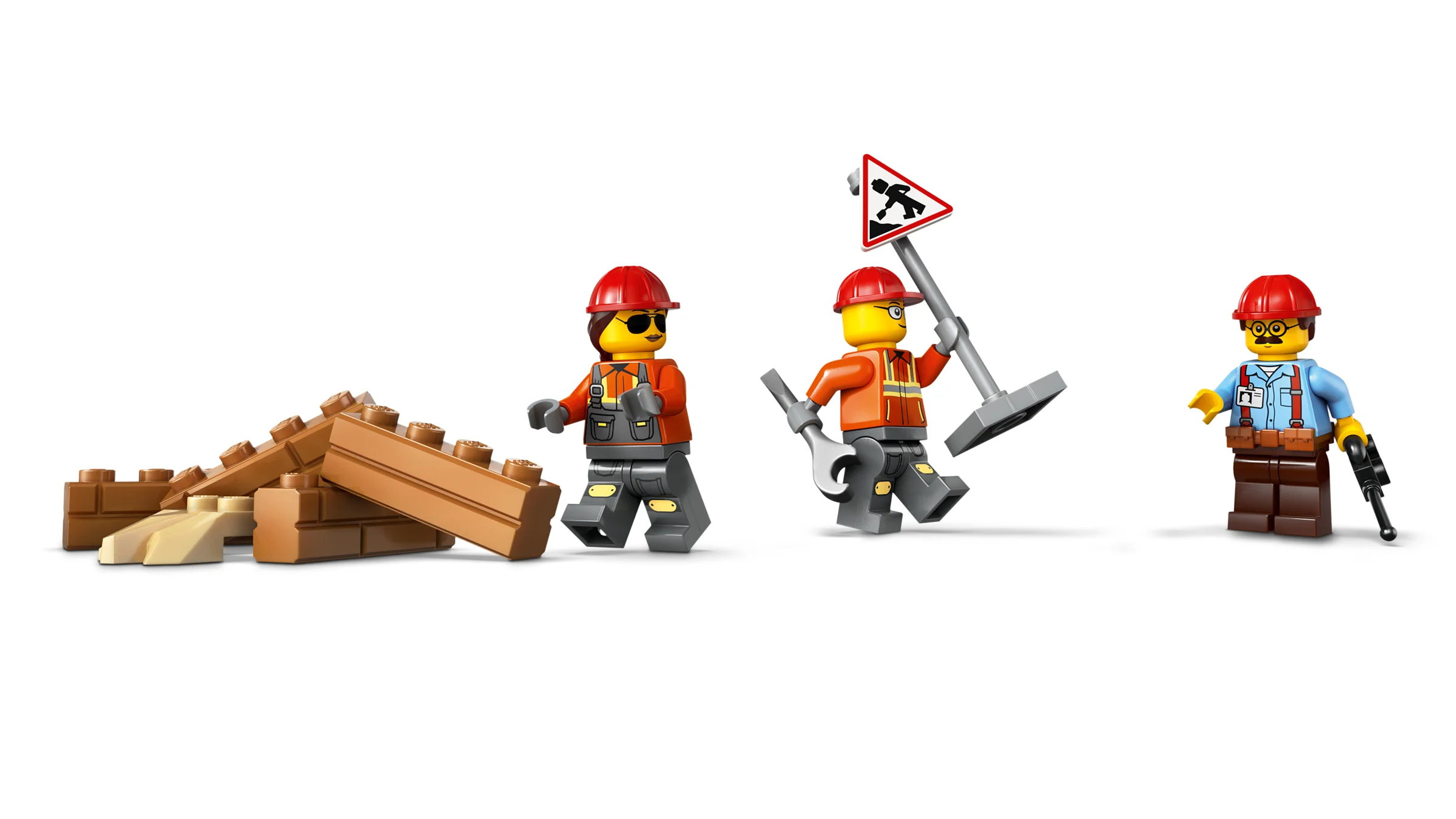 Imagine cu minifigurinele LEGO City și o grămadă de cărămizi. Muncitori pe șantier.
