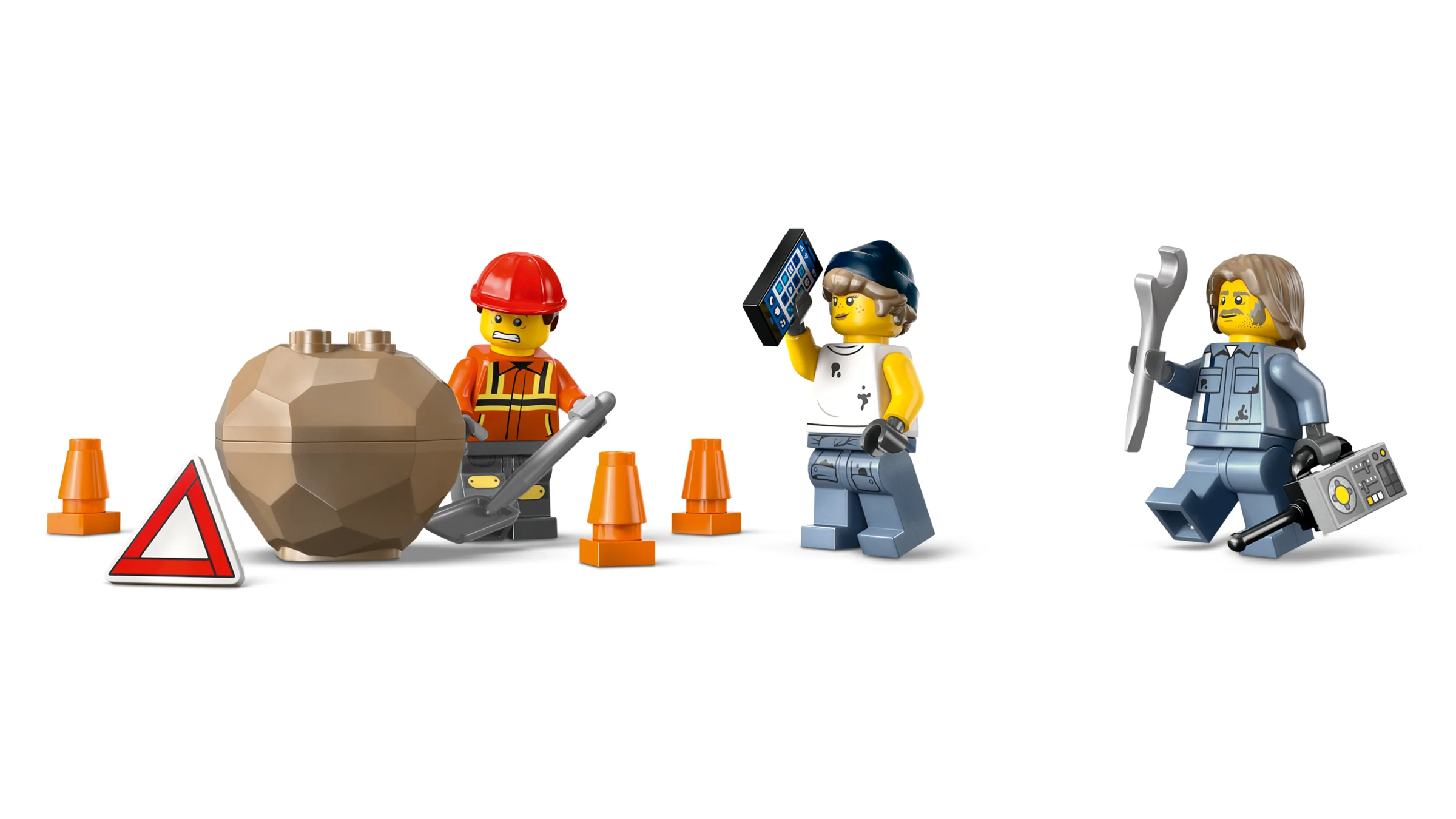Prezentare minifigurine și accesorii LEGO City 60467. Muncitori cu unelte și indicatoare de trafic.