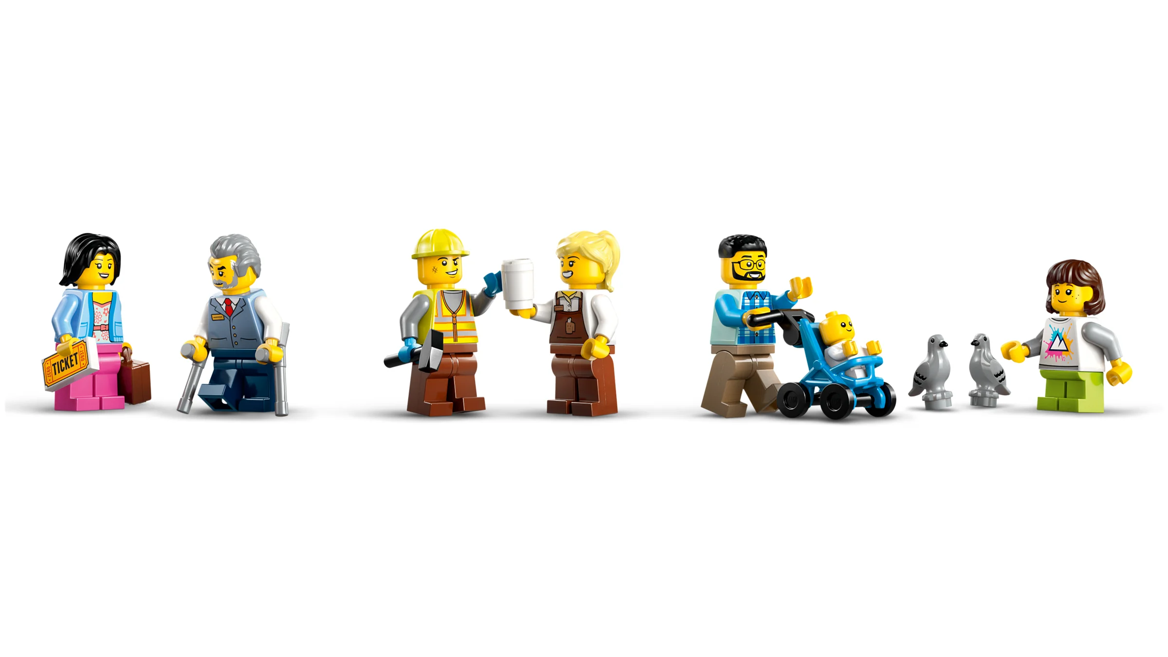 Prezentare detaliată a minifigurinelor LEGO incluse în setul Gara Centrală.