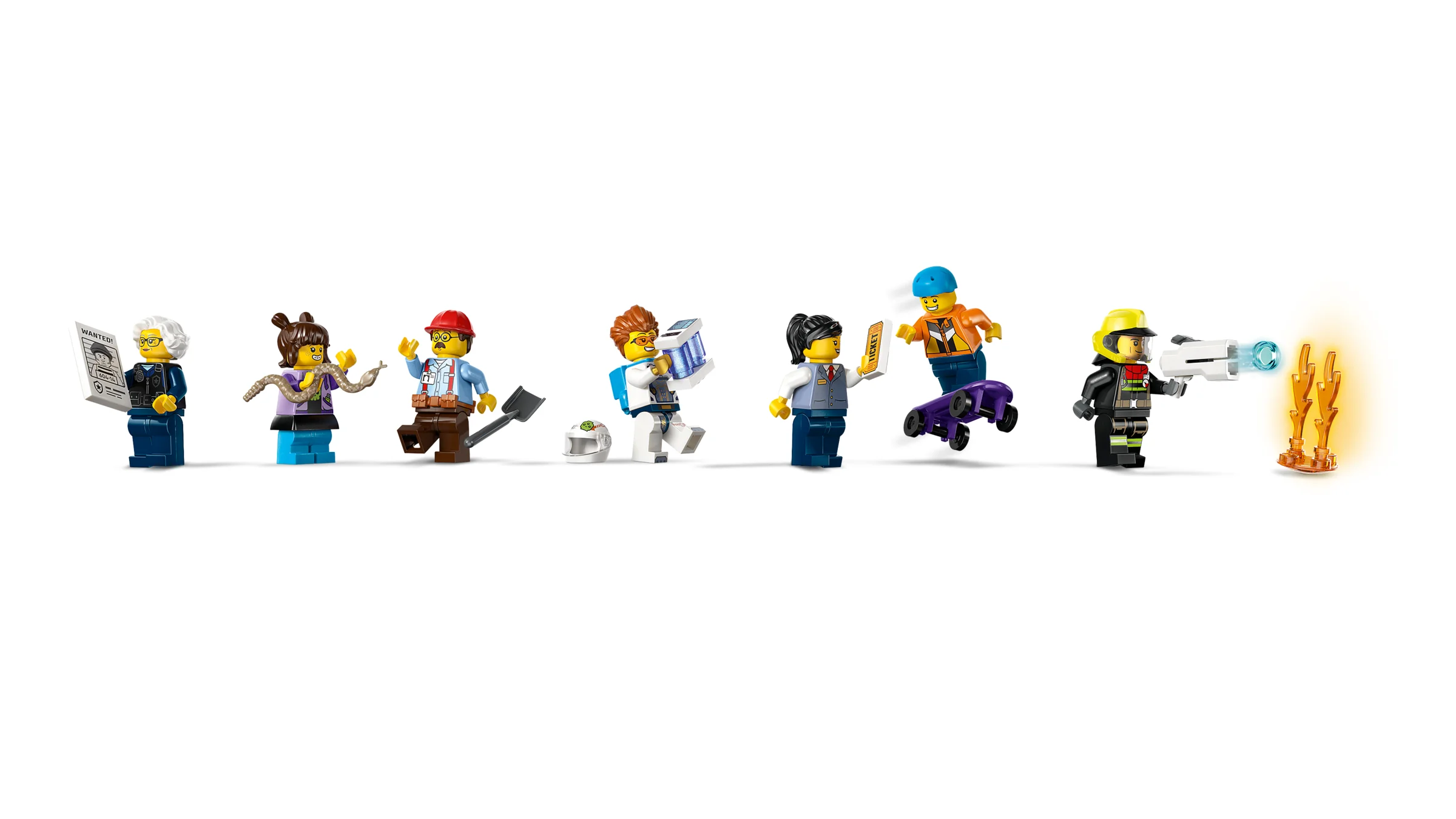 Prezentare minifigurine set 60473: polițistă, îngrijitoare, muncitor, savant, angajată, skateboarder, pompier.