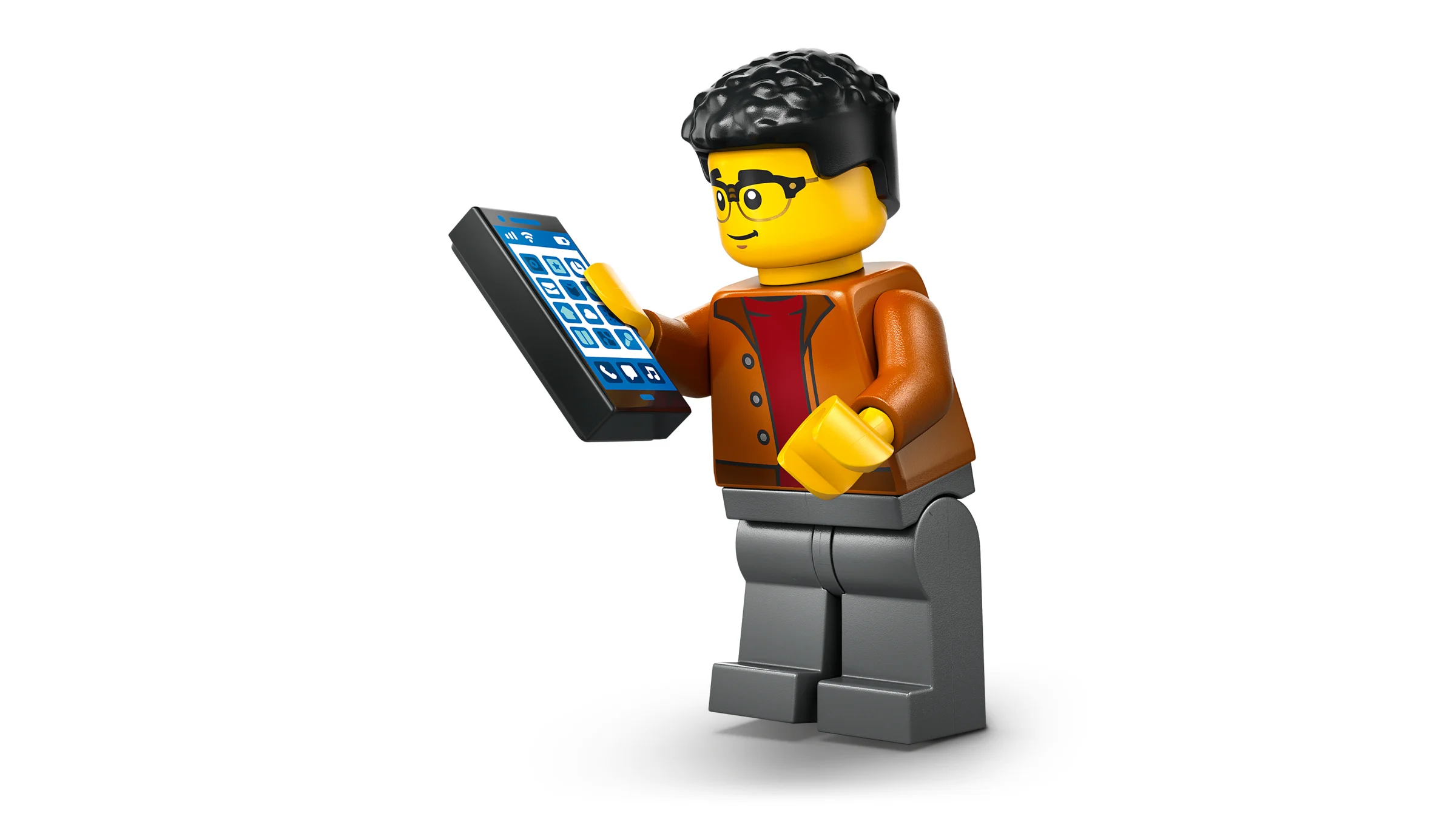 Un minifigură LEGO cu ochelari, folosind un telefon mobil.