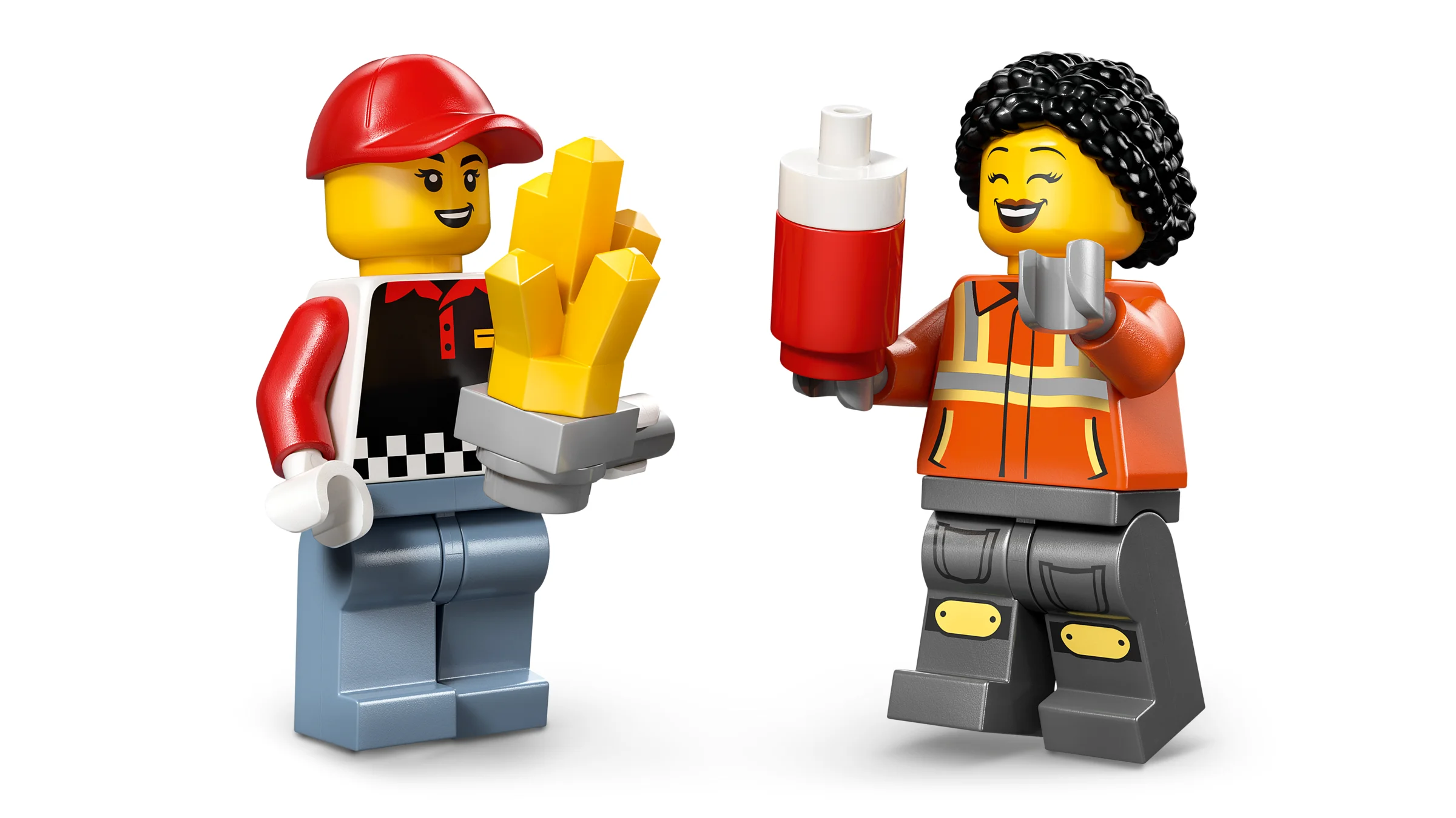 Imagine detaliată cu două minifigurine LEGO, un vânzător de cartofi prăjiți și un client.