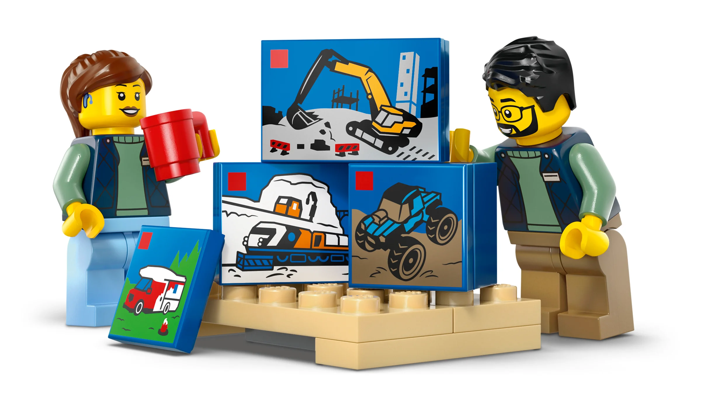 Două minifigurine aranjează cărămizi cu imagini cu teme de construcții. O scenă creativă LEGO.