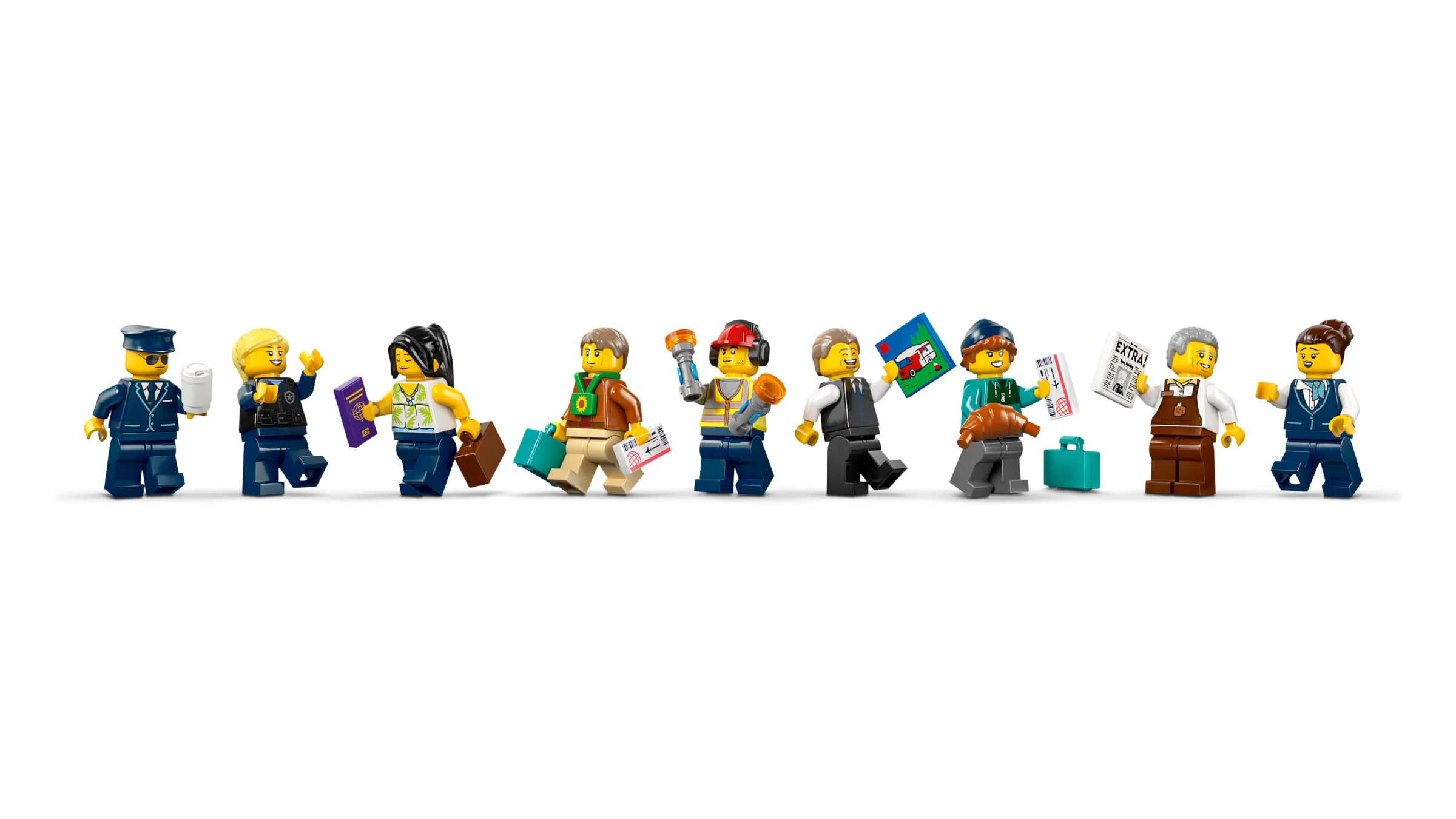 Prezintă diverse minifigurine LEGO de la aeroport, personaje variate.