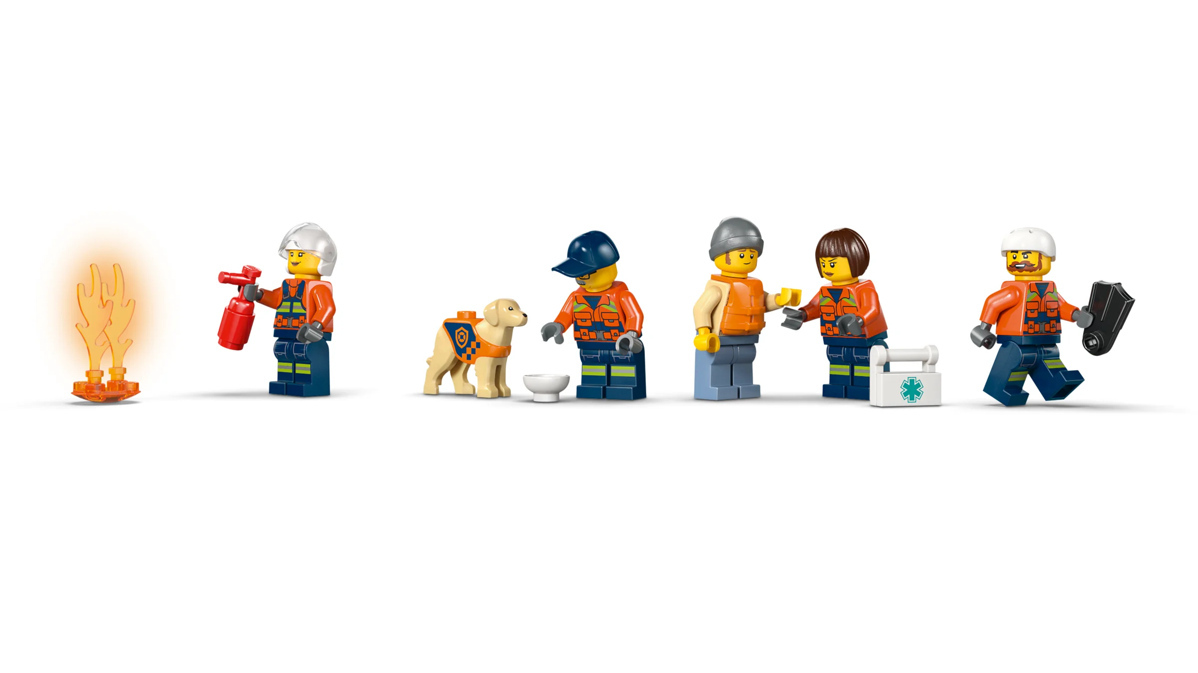 Prezentare cu minifigurinele și accesoriile setului. Coast Guard Rescue Boat.