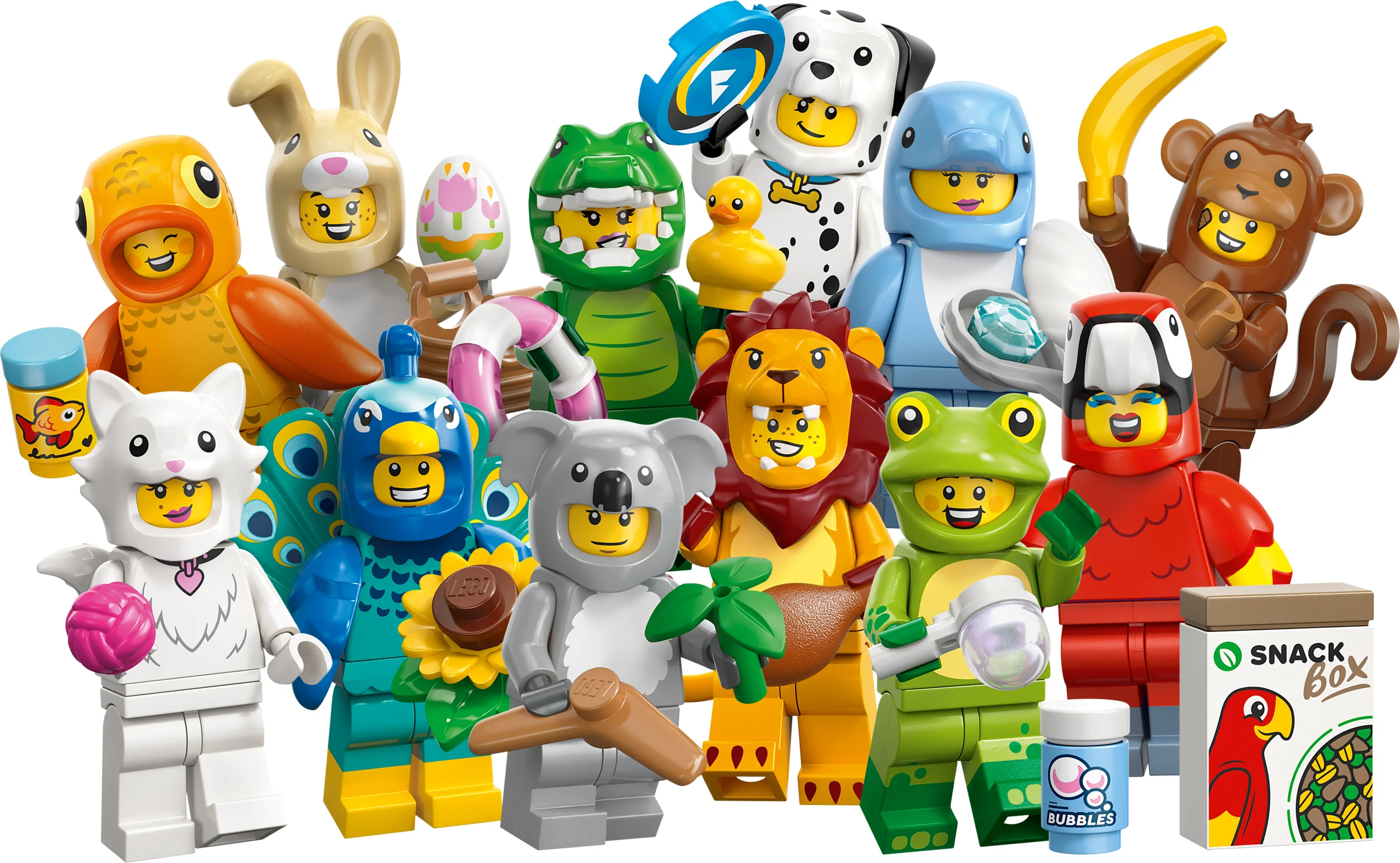 Imagine cu toate minifigurinele din seria 71051, costume de animale. Varietate amuzantă și colorată.