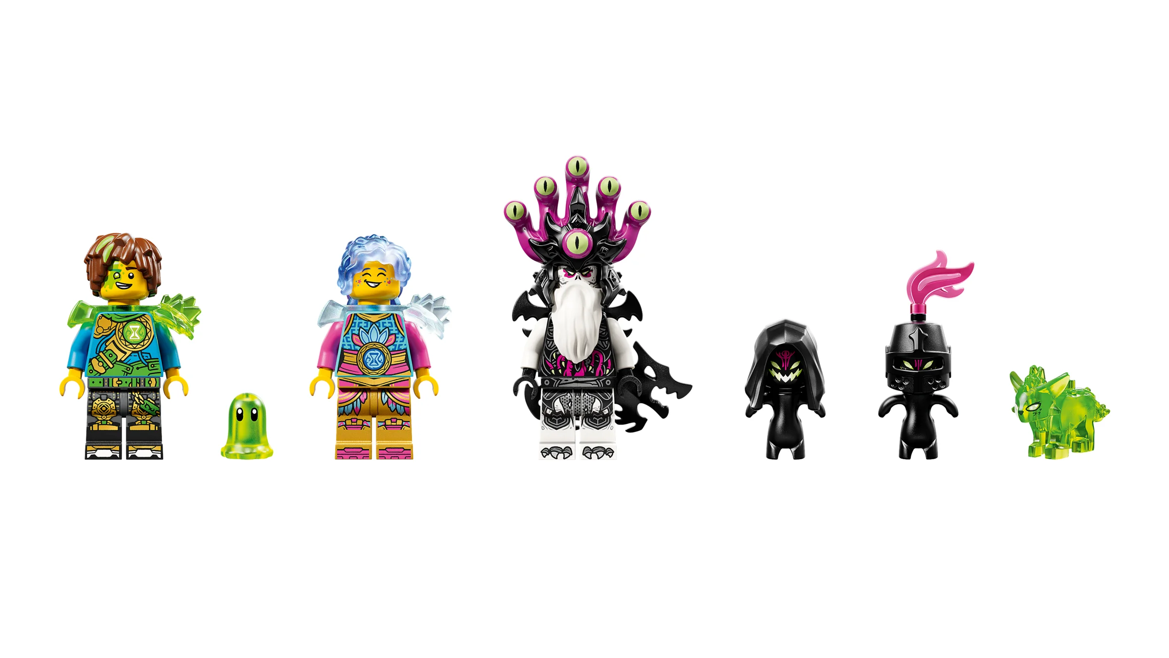 Prezentare minifigurine și creaturi din setul 71508: eroi și antagoniști.