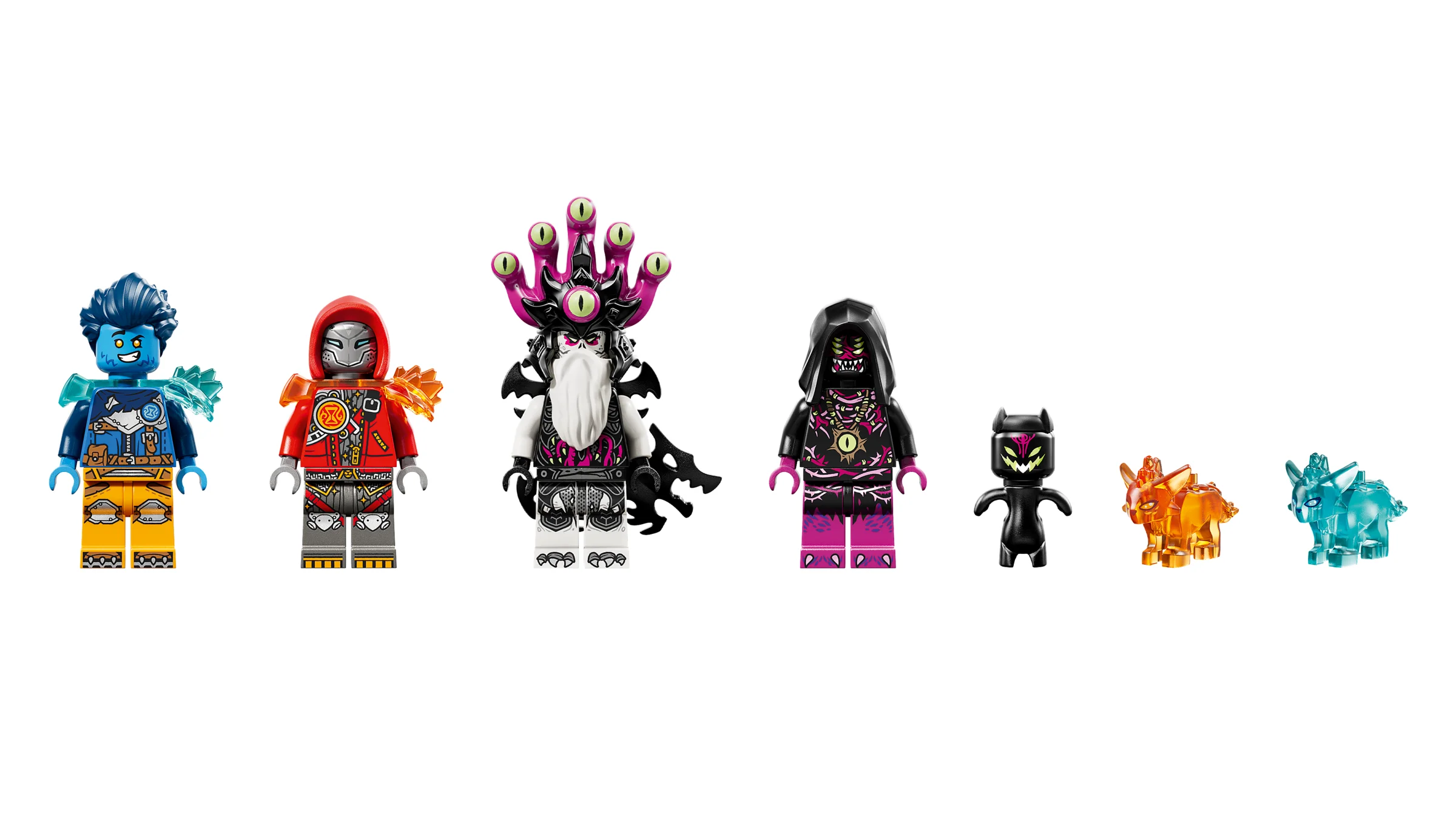 Prezentare cu minifigurinele și animăluțele din setul LEGO Dreamzzz Dino Jet.