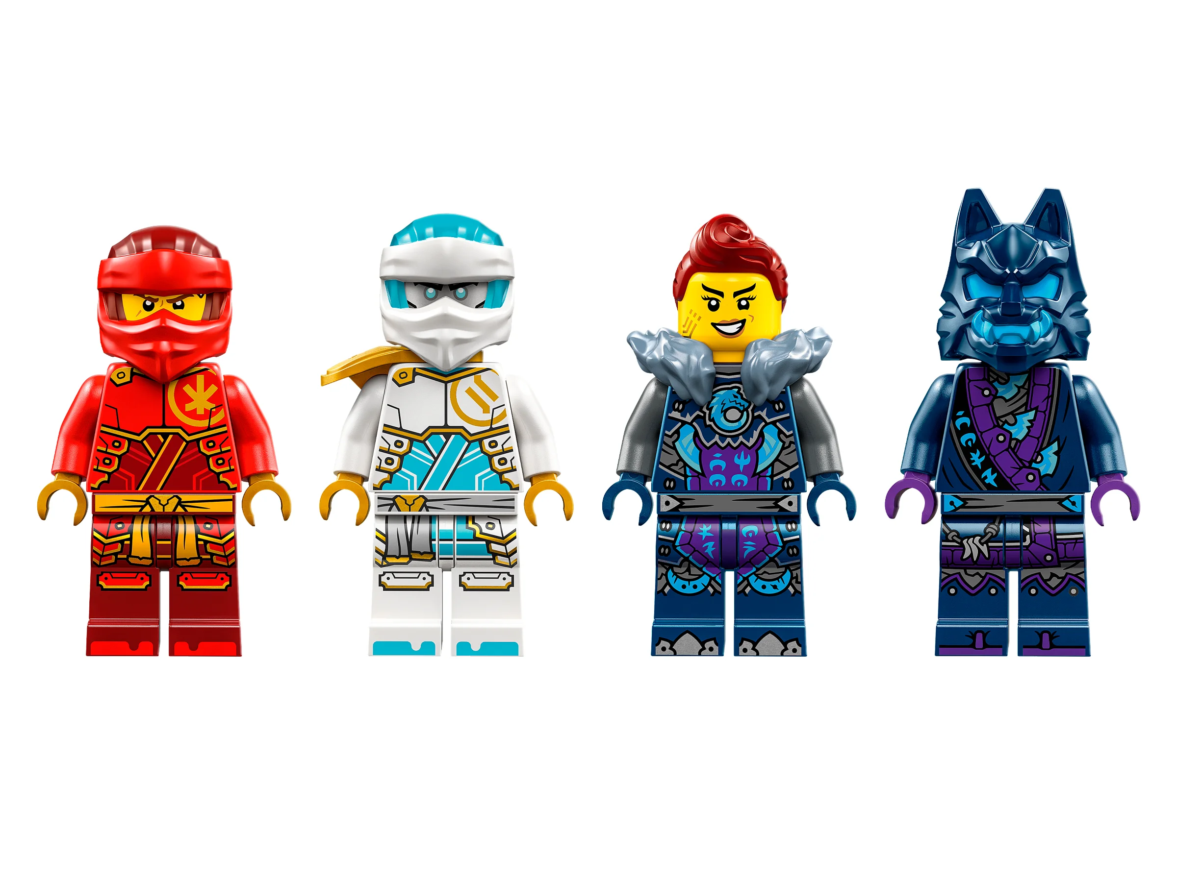 Prim-plan cu cele patru minifigurine LEGO Ninjago din setul 71808. Detalii armuri și fețe.