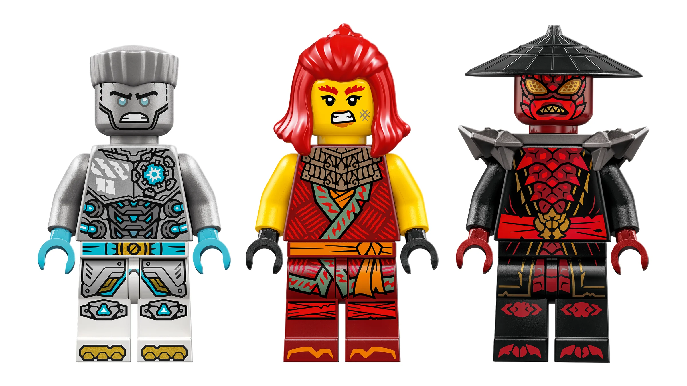 Prim-plan cu cele 3 minifigurine LEGO din setul 71827: Zane, Arin și un războinic Lup Mască.
